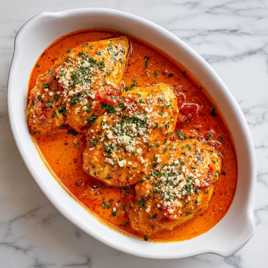 A white oval dish shows three large stuffed pasta shells covered in a thick orange-red creamy tomato sauce. The sauce has small chunks of tomatoes and is sprinkled with finely chopped green herbs and grated cheese on top. The pasta shells have a soft, smooth texture and are sitting in the sauce, partially covered. The dish is set on a white marbled surface. Photo taken with an iphone --ar 4:5 --v 7