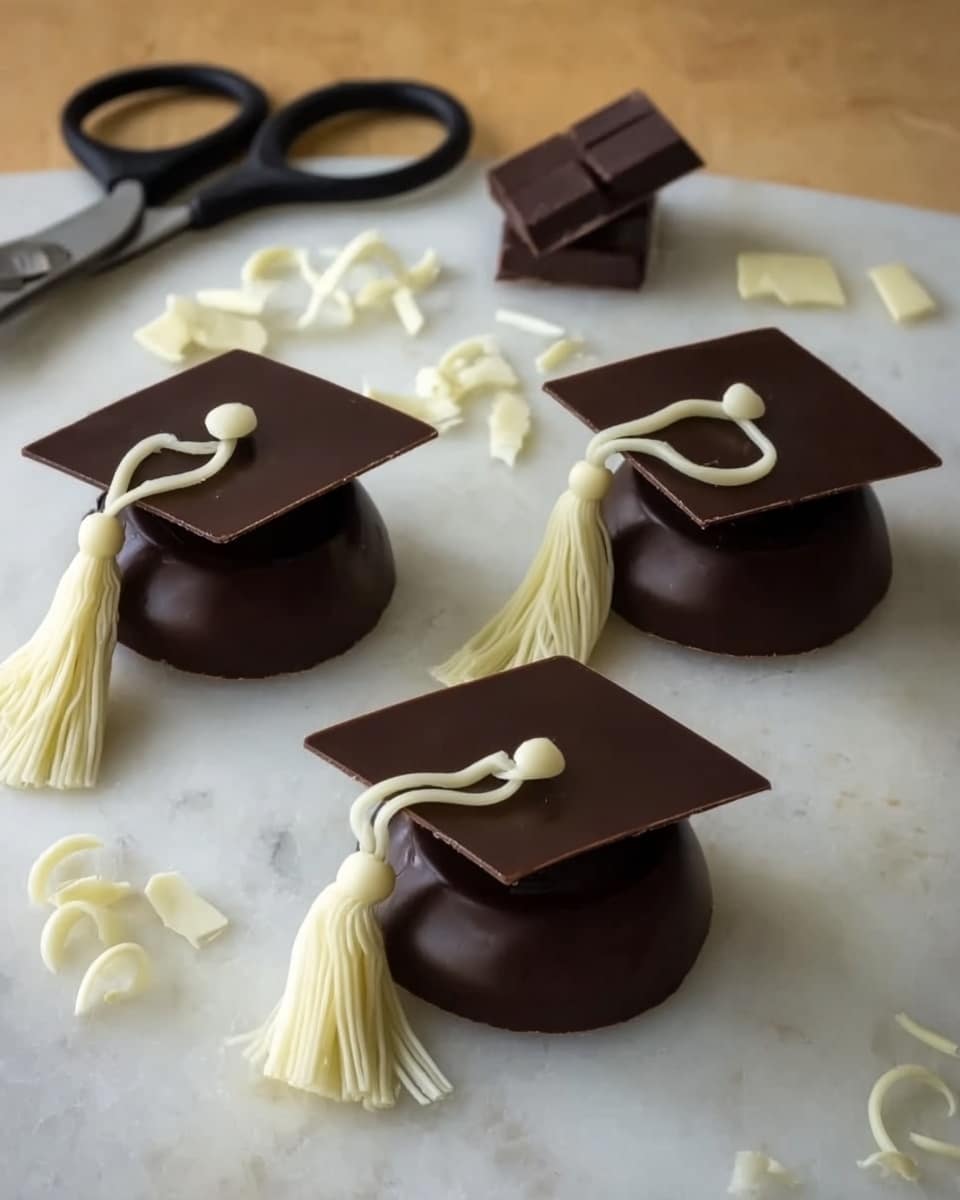 The image shows three small chocolate graduation caps made of dark chocolate squares for the top, placed on round chocolate bases with a smooth, shiny texture. Each cap has a white chocolate tassel made of thin white lines that curl slightly, attached with a small round white chocolate button. The caps are arranged on a white marbled surface with a pair of scissors nearby and some extra bits of white chocolate decoration scattered around. Photo taken with an iphone --ar 4:5 --v 7