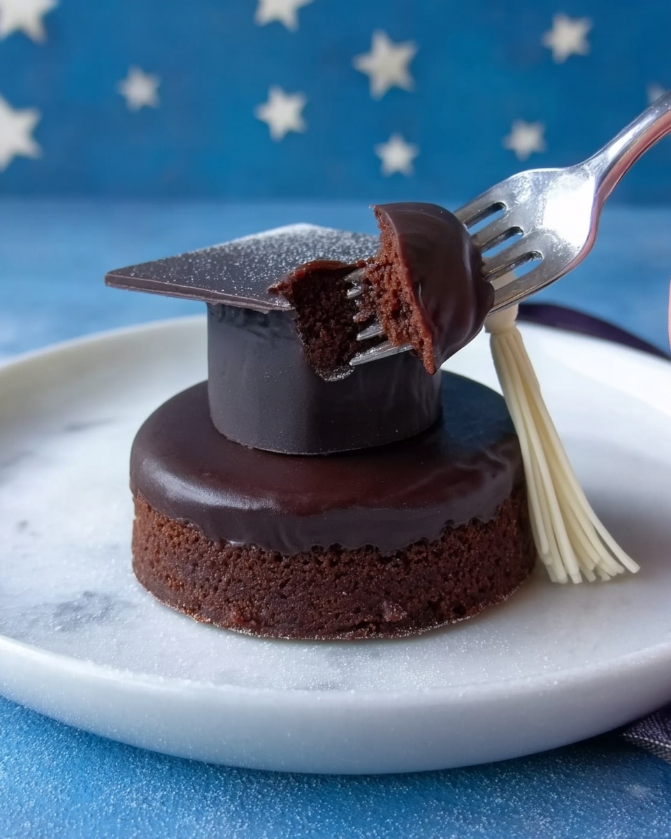 The image shows a small, round chocolate dessert on a white plate with smooth edges, placed on a white marbled surface. The dessert has two layers: a thick, dark brown chocolate base with a soft texture and a shiny, flat dark chocolate square on top, resembling a graduation cap. A woman's hand is holding a fork that lifts a bite-sized piece from the base, revealing the rich inside. White chocolate lines hang from the dark chocolate square, representing the tassel of the cap. The background is blue with white stars creating a festive look. photo taken with an iphone --ar 4:5 --v 7