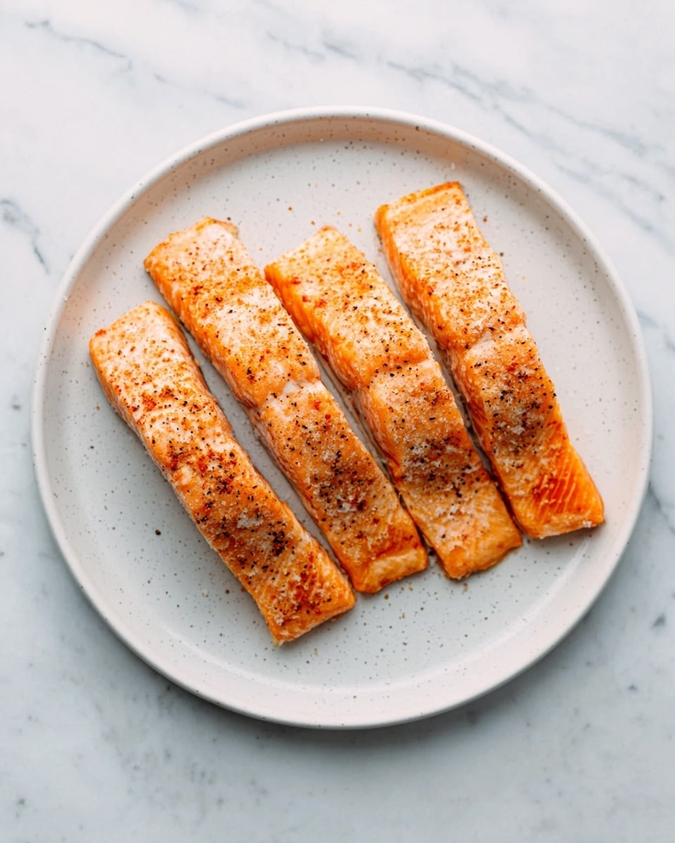 The image shows four cooked salmon fillets with a light brown sear on top, arranged in a slightly spread row on a white round plate. The salmon has a pinkish-orange color with visible seasoning and a slightly crispy texture on the surface. The plate is sitting on a white marbled textured surface, giving a clean and bright look to the setting. photo taken with an iphone --ar 4:5 --v 7