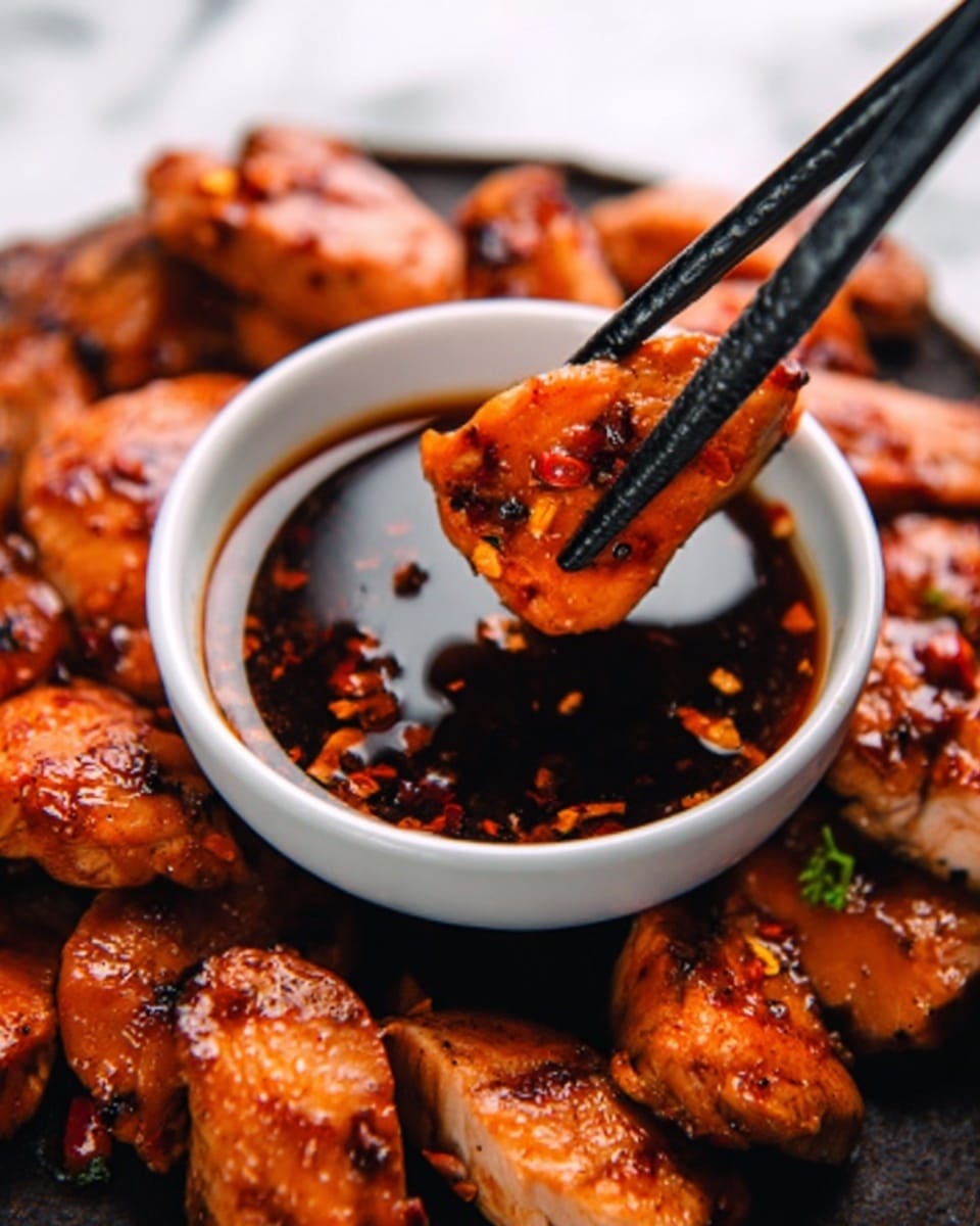 The image shows a close-up of grilled chicken pieces with a reddish-brown color, placed around a small white bowl filled with dark soy sauce. A pair of black chopsticks held by a woman's hand is picking up a piece of chicken from the bowl, with some chili flakes visible on the chicken. The background is a white marbled texture. photo taken with an iphone --ar 4:5 --v 7