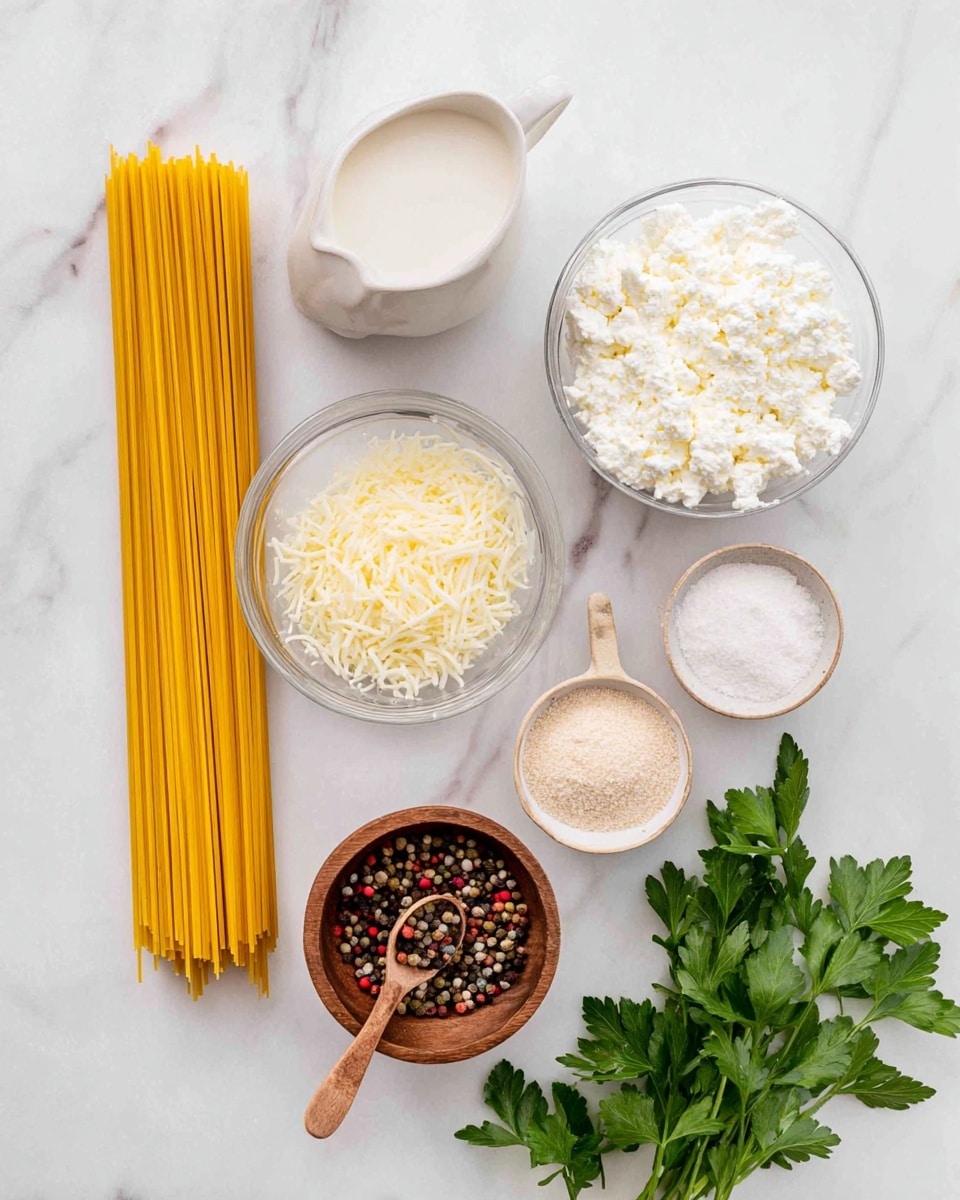 The image shows ingredients for cooking on a white marbled surface. There is a bundle of long yellow dried spaghetti laid vertically on the left. Next to it, a small clear bowl holds shredded white cheese. Above the cheese, there is a larger clear bowl filled with white cottage cheese. To the right, two white ceramic spoons contain light beige powders, one slightly darker than the other. Above these, a small white jug contains cream or milk. At the top left, two round wooden bowls hold coarse sea salt and a mix of multicolored peppercorns with a small wooden scoop inside each. A bunch of fresh green parsley with broad leaves sits at the bottom right corner. photo taken with an iphone --ar 4:5 --v 7