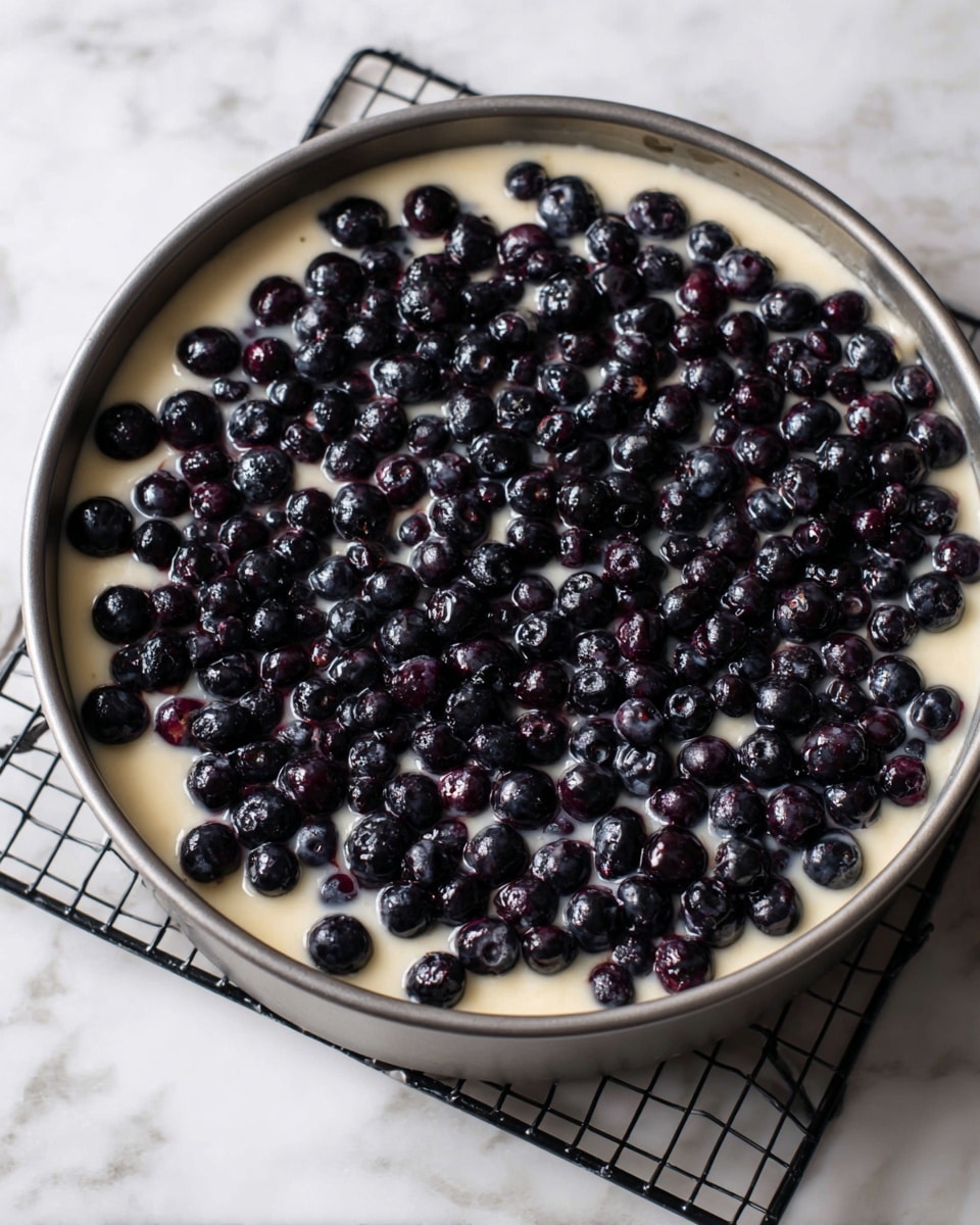 A round baking pan holds two layers: the bottom layer is a smooth, pale cream batter filling the pan evenly, and the top layer is a generous, scattered spread of shiny, dark blue blueberries covering the batter almost fully. The pan sits on a black wire rack over a white marbled surface. The scene is close-up, focusing on the texture of the berries and the batter. photo taken with an iphone --ar 4:5 --v 7