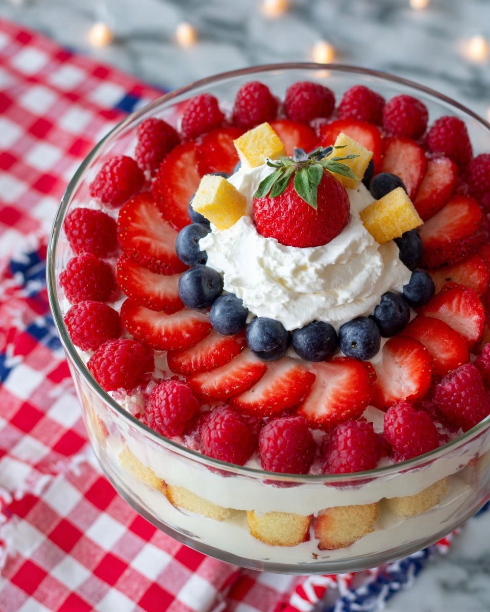 The dish is a layered dessert in a clear glass bowl, showing three visible layers; the bottom layer is light yellow cake pieces, topped by a thick white cream layer, followed by fresh fruits arranged on top. The fruits are placed in concentric circles: the outer circle has red raspberries, the middle circle is made of strawberry halves with a bright red color and juicy texture facing up, and a smaller inner circle of dark blue blueberries surrounds a central dollop of white whipped cream. On top of the whipped cream sits one whole strawberry with a green leafy top and a small piece of yellow cake. The background has a white marbled texture with a red and white checkered cloth partially visible. Photo taken with an iphone --ar 4:5 --v 7