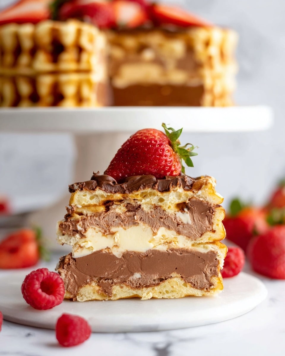 The image shows a slice of a layered dessert made with two thick layers of light golden waffle and two thick layers of creamy chocolate filling in between. The slice is topped with a fresh red strawberry and placed on a white marbled surface. In the blurred background, the rest of the dessert is visible on a white cake stand, showing the same waffle and chocolate layers. Around the slice, there are some fresh strawberries and raspberries scattered on the white marbled surface. photo taken with an iphone --ar 4:5 --v 7
