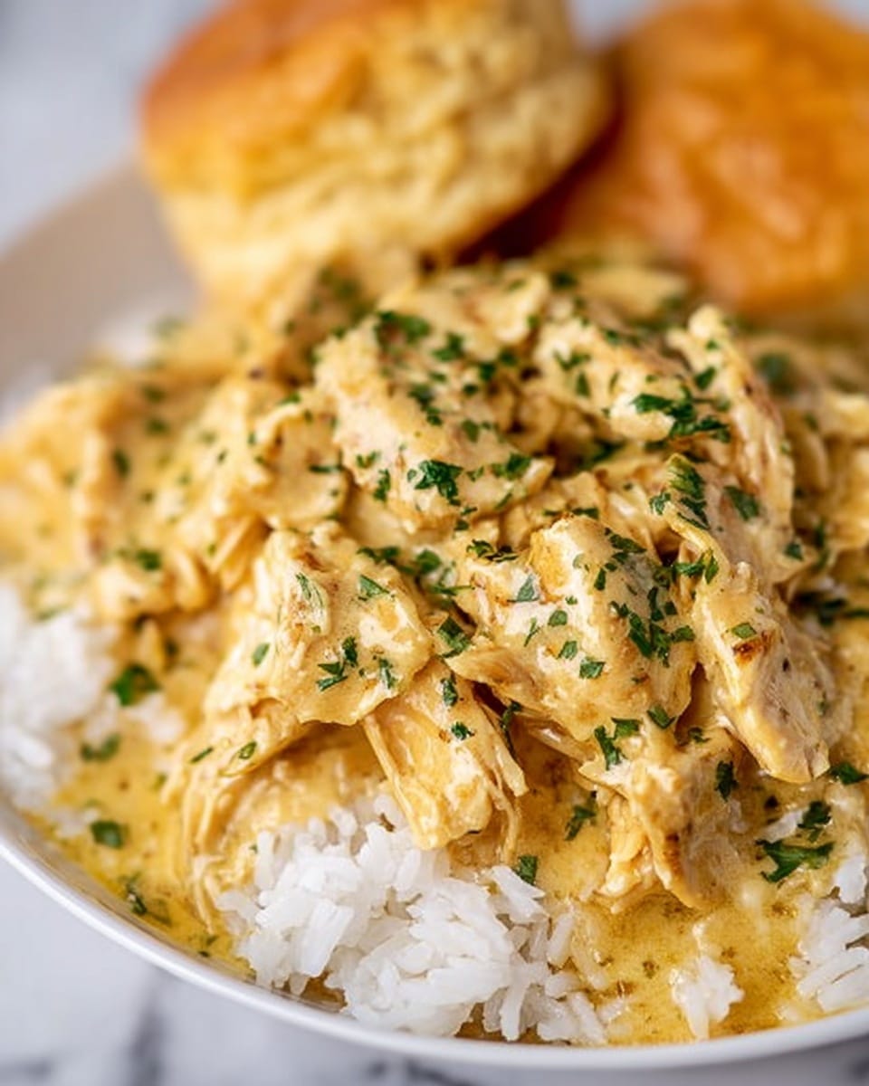 The image shows a close-up view of shredded cooked chicken covered in a creamy, light-yellow sauce sprinkled with finely chopped green herbs. The chicken and sauce sit on a bed of white rice in a white bowl. Behind the bowl, two golden brown biscuits are slightly blurred but visible. The overall background is a white marbled texture. The dish looks warm and inviting, with a soft texture from the chicken and sauce, and a crisp look from the biscuits. Photo taken with an iphone --ar 4:5 --v 7