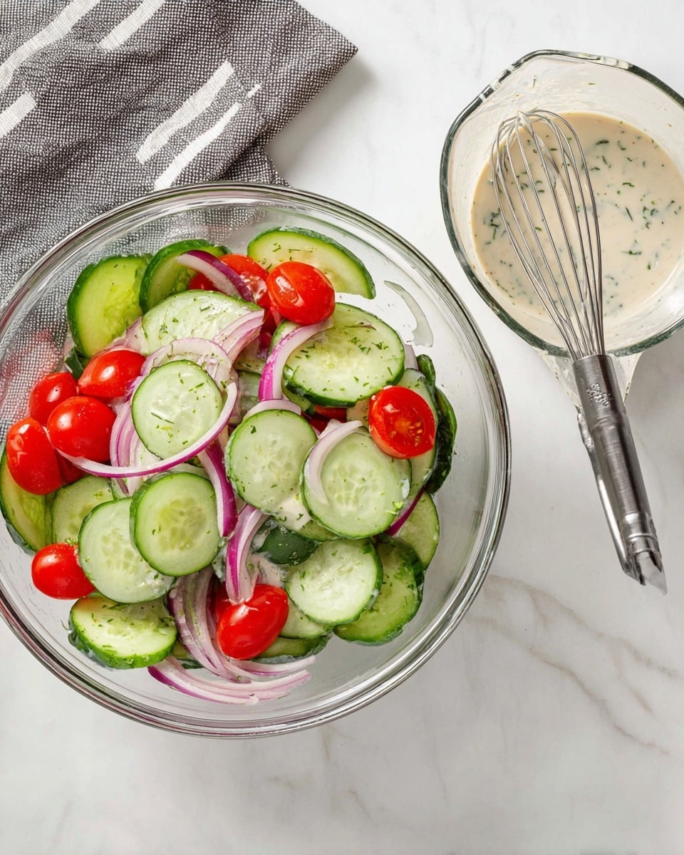 A clear glass bowl on a white marbled surface contains a salad made of thin round slices of bright green cucumber with dark green edges, halved small red cherry tomatoes, and thin curved pieces of light purple onion scattered evenly throughout. Next to the bowl, there is a clear glass measuring cup with creamy white dressing inside, mixed with small green herb pieces, and a metal whisk handle sticking out. A gray and white striped cloth is placed in the top left corner. photo taken with an iphone --ar 4:5 --v 7