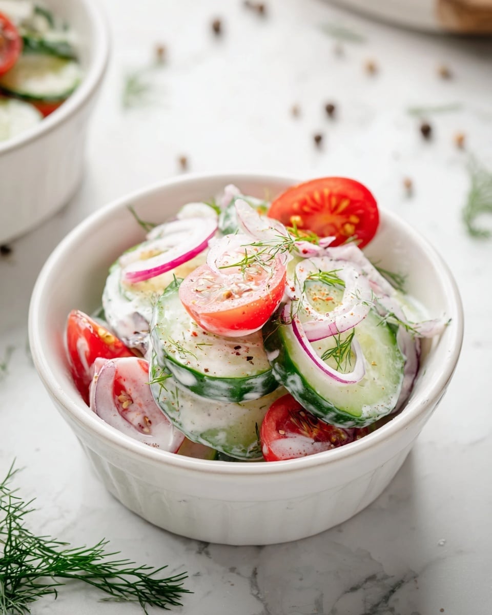 A glass bowl filled with a creamy cucumber salad sits on a white marbled surface. The salad has three main layers: thin, round, pale green cucumber slices with a slightly dark green edge form the base layer; on top are halved cherry tomatoes showing bright red and soft texture; scattered around are thin curved slices of purple-red onion. The whole salad is covered with a creamy white dressing speckled with green dill leaves and black pepper. Around the bowl are sprigs of fresh dill and wooden bowls, one with white salt and another with black pepper. Photo taken with an iphone --ar 4:5 --v 7