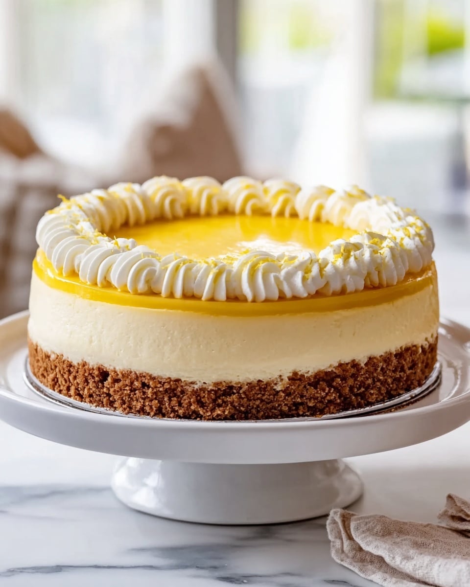 A three-layer lemon cheesecake is shown on a white cake stand on a white marbled surface. The bottom layer is thick and crumbly with a rich brown color, made of crushed biscuits. The middle layer is thick and smooth in a pale cream color, looking soft and creamy. The top layer is a thinner, bright yellow lemon glaze that shines and looks smooth. There is a circle of white whipped cream piped in a rope pattern around the edge of the top layer, adding texture and decoration. The background is softly blurred with light coming through windows, giving a fresh and bright feeling. Photo taken with an iphone --ar 4:5 --v 7
