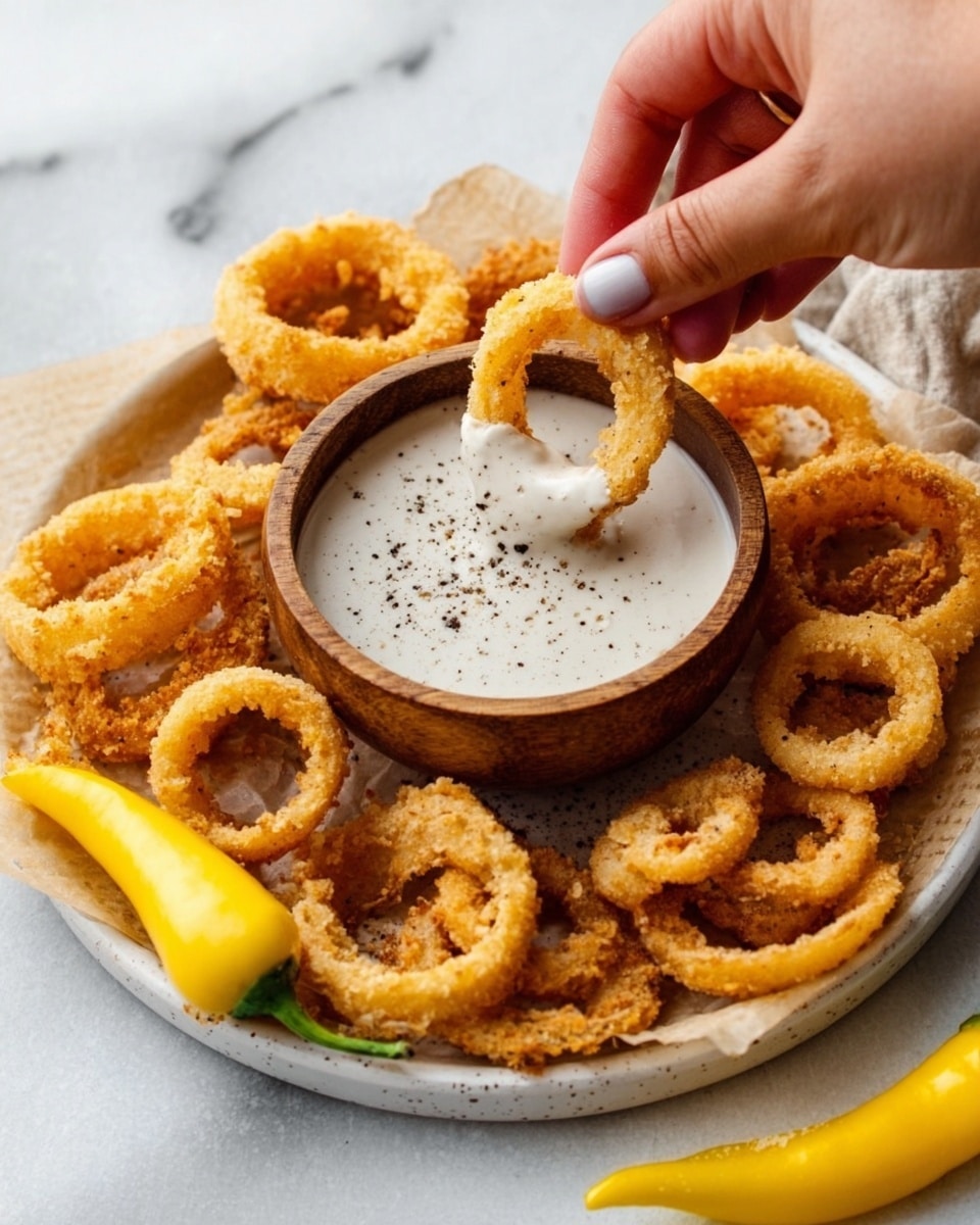 A white plate filled with golden brown, crispy fried onion rings, some stacked and some scattered around the plate. In the center of the plate, there is a small wooden bowl holding white dipping sauce with black pepper flakes sprinkled on top. A woman's hand is shown holding one onion ring dipped in the sauce. The plate is set on a white marbled surface with a yellow chili pepper placed next to it. Photo taken with an iphone --ar 4:5 --v 7