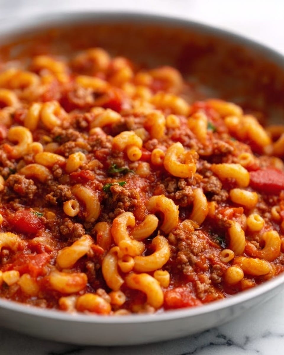 The image shows a large black pot filled with a cooked pasta dish. The pasta is elbow-shaped and golden yellow, mixed with a red tomato sauce that covers most of the pasta evenly. There are small dark brown pieces of sausage or meat mixed throughout the dish. The texture of the sauce looks thick and chunky with bits of tomatoes visible. A silver spoon is dipped into the pot on the right side, with a woman's hand holding the spoon’s wooden handle. The pot sits on a white marbled surface. photo taken with an iphone --ar 4:5 --v 7