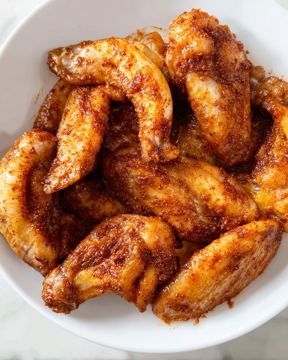 A white plate filled with about ten raw chicken wings, each wing coated in a reddish-brown spice mix, giving them a textured, slightly shiny look. The wings are layered closely together, some overlapping, with visible skin texture showing underneath the spice. The plate sits on a white marbled surface, creating a clean and bright background. photo taken with an iphone --ar 4:5 --v 7