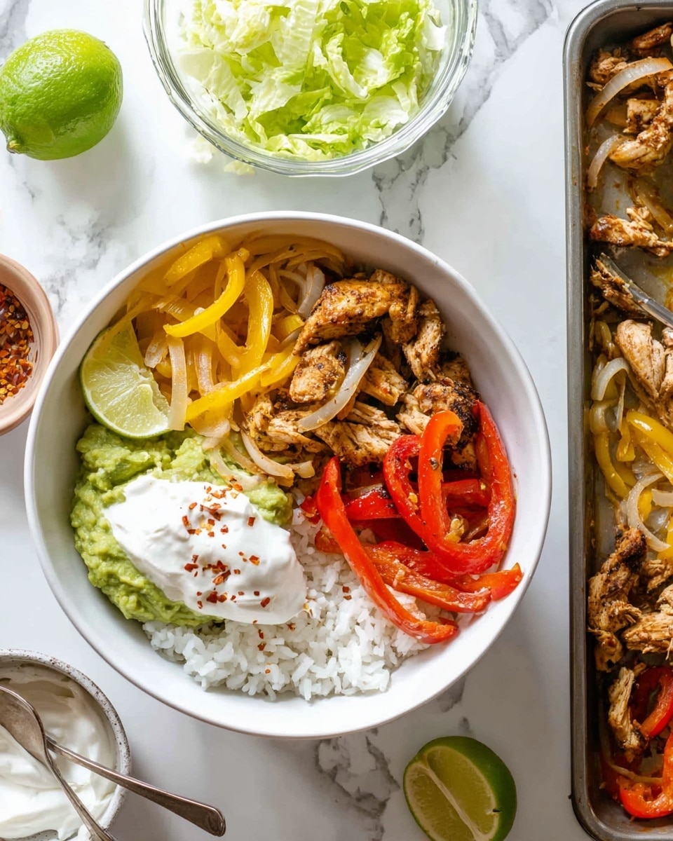 A white bowl shows a layered meal with white rice on the bottom right, topped with cooked yellow onion slices and red bell pepper strips with brown cooked chicken pieces on top. On the bottom left of the bowl, there is a green guacamole layer with some red chili flakes sprinkled on it. Next to the guacamole is a dollop of white sour cream. Around the bowl, on a white marbled surface, there is half a cut lime above the bowl, a glass container with chopped green lettuce on the left, a small bowl with sour cream and a spoon above the bowl, and a metal tray on the right edge with cooked chicken, peppers, and onion slices scattered. Photo taken with an iphone --ar 4:5 --v 7