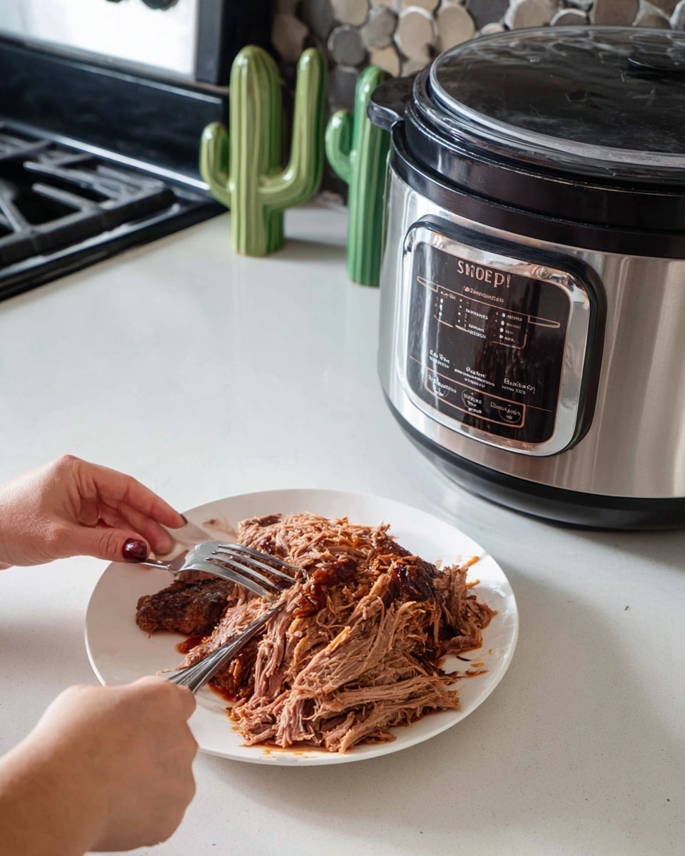 A white plate is holding a large piece of shredded brown cooked meat being pulled apart by a woman's two hands using two forks. The meat looks tender with some texture showing the meat strands separated. Next to the plate is a silver and black crockpot with digital controls lit up, sitting on a white marbled counter. The background shows part of a stove and some green decorative cactus-shaped objects. The colors mainly include brown from the meat, silver and black from the crockpot, and white from the plate and counter. photo taken with an iphone --ar 4:5 --v 7