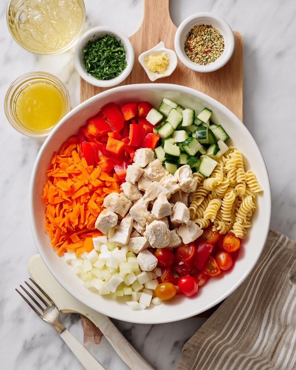 A white bowl filled with seven sections of different ingredients arranged neatly: cubed cooked chicken pieces, chopped red bell peppers, shredded bright orange carrots, chopped cucumber, halved cherry tomatoes, small white onion pieces, cubed cheese, and cooked spiral pasta. Each ingredient is placed side by side, showing distinct colors and textures. Around the bowl on a white marbled surface, there is a small white bowl of chopped green herbs, a small white bowl with yellow salad dressing, and another white bowl with colorful seasoning. A glass with a light yellow drink and a wooden board partially visible under the bowl complete the scene. Nearby are white utensils and a beige striped cloth with a fork and knife resting on it. Photo taken with an iphone --ar 4:5 --v 7