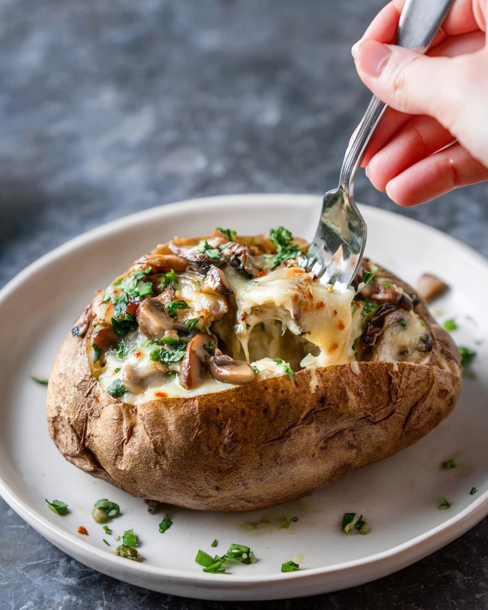 A baked potato with a brown, rough skin sits open in the middle, showing a creamy white inside. The inside is topped with melted, light yellow cheese mixed with small pieces of cooked mushrooms that are brown with a slightly shiny texture. There are also chopped green herbs sprinkled on top, adding bright green spots. A woman's hand holding a fork is seen scooping some of the soft potato and toppings. The potato is on a white plate set on a white marbled surface. Photo taken with an iphone --ar 4:5 --v 7