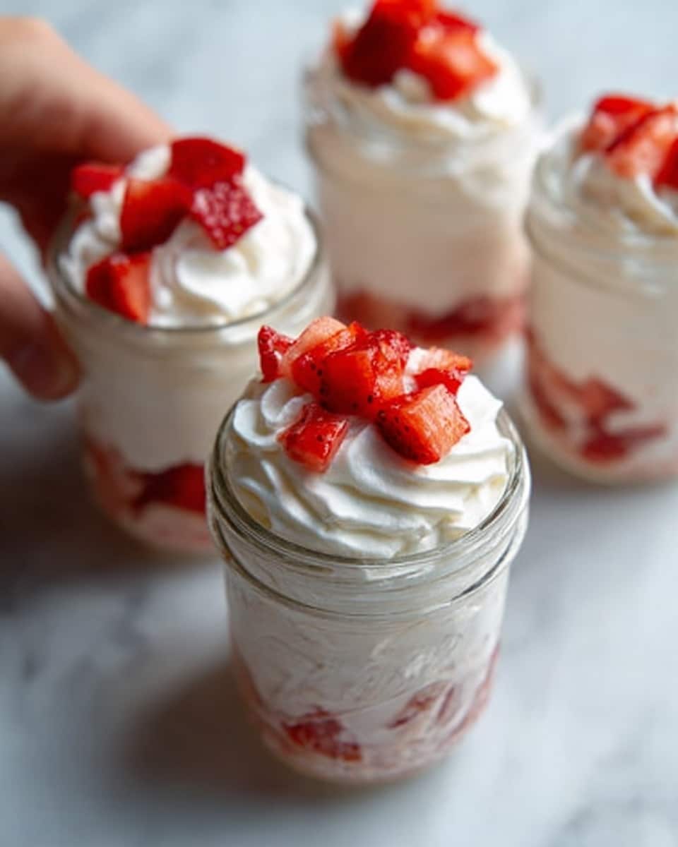The image shows a close-up of a glass jar filled with layers of white whipped cream and small pieces of bright red strawberries on top. The jar is clear, and the whipped cream has a smooth, soft texture, whirling upwards with a light and fluffy look. Small chunks of fresh strawberries with a shiny, juicy appearance are scattered over the cream, adding a pop of color. The jars are placed on a white marbled surface, and in the upper part of the photo, a woman's hand is gently holding one jar. Photo taken with an iphone --ar 4:5 --v 7