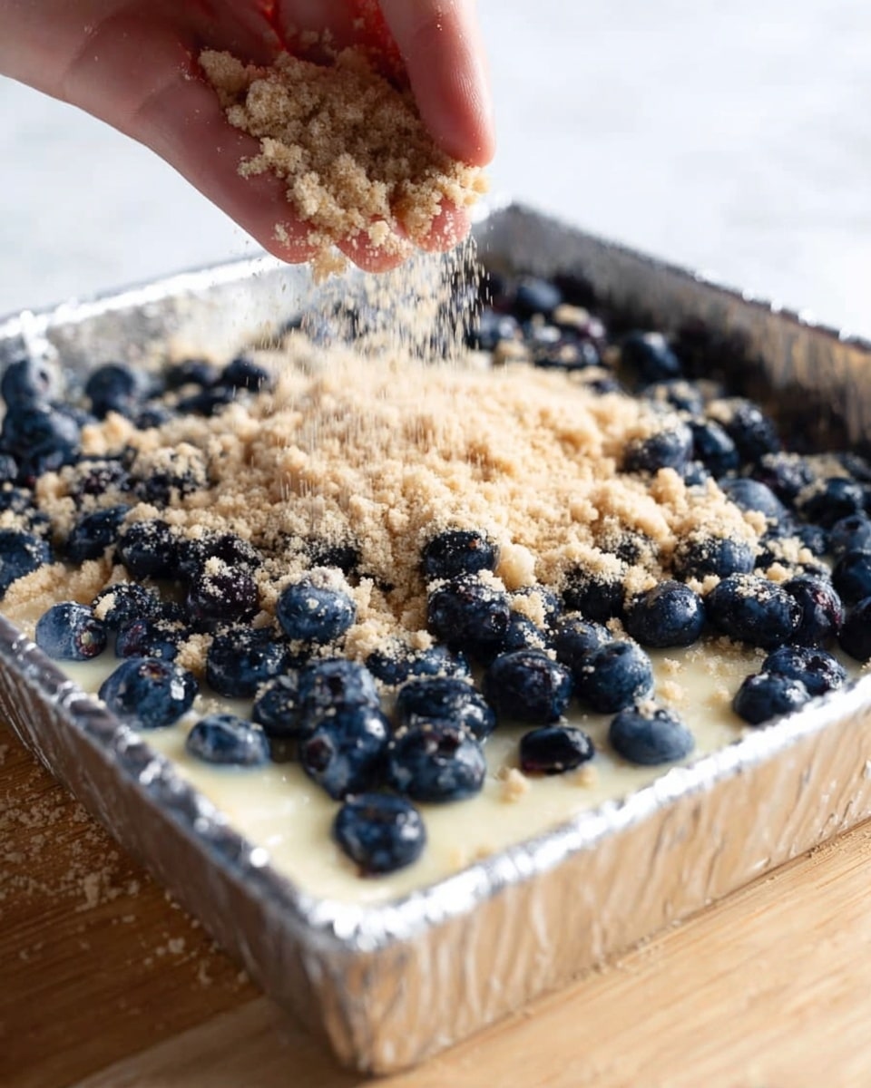 A close-up image of a woman's hand sprinkling a crumbly brown topping evenly over a layer of fresh, plump blueberries. The blueberries sit on a thick, creamy off-white batter base inside a square metal baking pan lined with shiny foil. The pan rests on a light wooden surface, but the background and surface should be seen as a white marbled texture. The crumbly topping has a sandy texture and contrasts with the dark blue and smooth berries beneath. Photo taken with an iphone --ar 4:5 --v 7