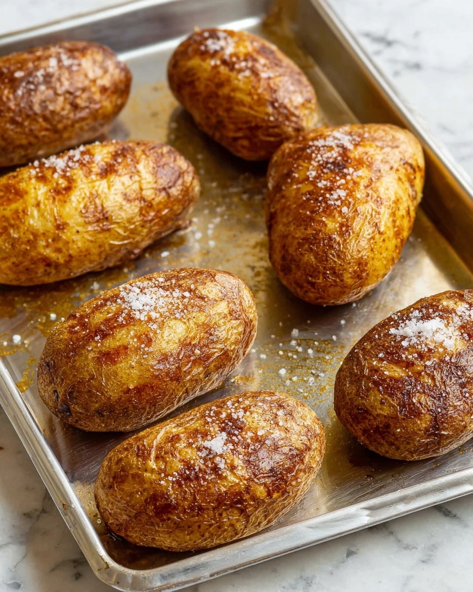The image shows six roasted potatoes on a silver baking tray. Each potato has a golden brown, slightly wrinkled skin with a rough texture. They are sprinkled with coarse salt, which stands out in white against the brown skin. The tray is placed on a white marbled surface, and the scene is lit naturally, highlighting the crispy look of the potato skins. Photo taken with an iphone --ar 4:5 --v 7