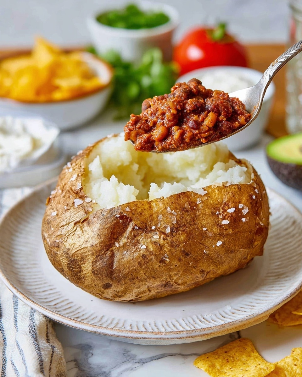 A large baked potato with a crispy, golden-brown skin sprinkled with salt is placed open on a white plate with a textured rim. Inside, the soft, fluffy white potato flesh fills the potato's hollow. A spoon lifts a thick, reddish-brown chili mixture with visible small chunks of meat and beans above the potato, ready to be added. In the background, there are blurred ingredients like a green bowl with chopped herbs, whole tomatoes, an avocado, bright yellow tortilla chips, a small white bowl with sour cream, and a glass jar of water on a white marbled surface. Photo taken with an iphone --ar 4:5 --v 7