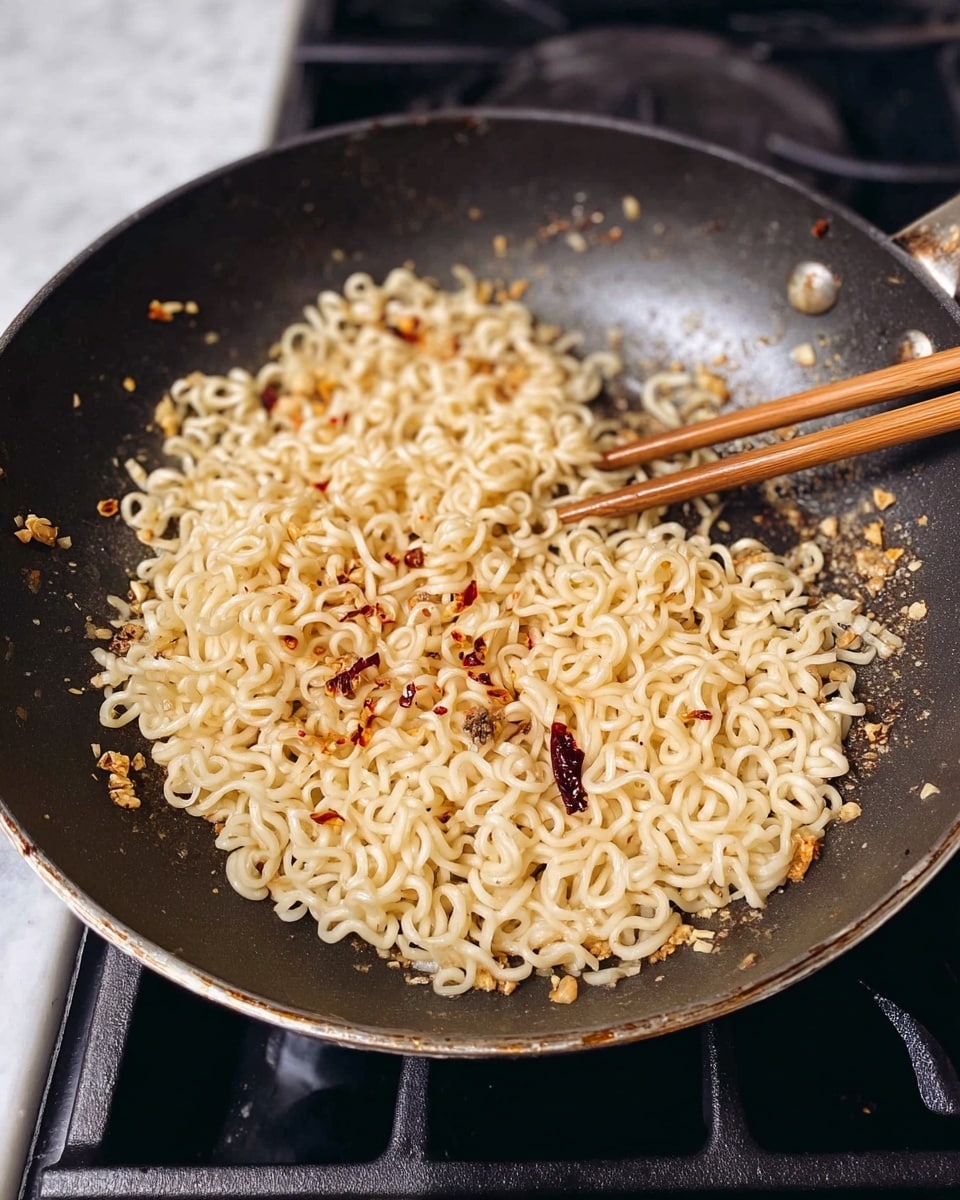 A close-up view of a frying pan on a stovetop filled with cooked curly ramen noodles. The noodles are pale yellow with a light coating of sauce, mixed with small bits of browned garlic and red chili flakes scattered throughout. The pan's surface shows slight oil glistening and browning from cooking, while wooden chopsticks are stirring the noodles on the right side. The stovetop features black metal grates and burners against a blurred white marbled background. Photo taken with an iphone --ar 4:5 --v 7