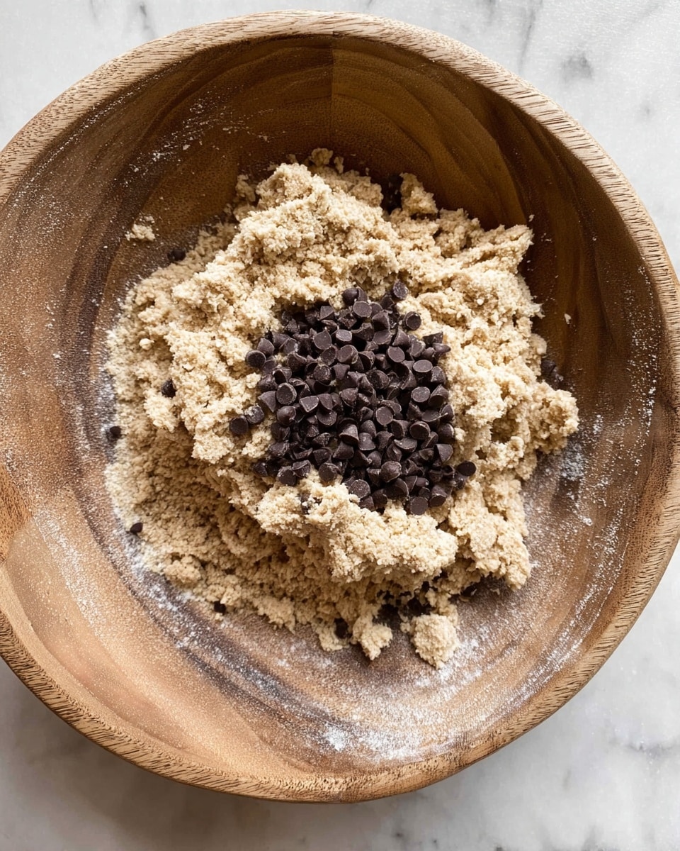 A wooden bowl filled with dry, crumbly dough that is light brown and grainy in texture, sitting in a mound with a cluster of small, dark chocolate chips resting on top in the center. The bowl is placed on a white marbled surface. Photo taken with an iphone --ar 4:5 --v 7