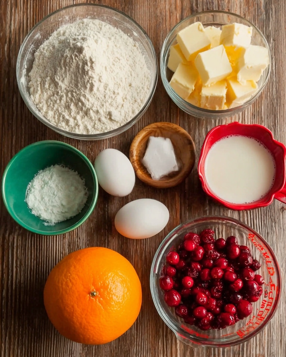 The image shows several ingredients for baking arranged on a wooden surface. There is a clear glass bowl filled with white flour on the left. Next to it is a small green bowl with white powder, and a small wooden bowl with a pinch of salt. Centered is a whole bright orange fruit. Above that are two white eggs placed side by side. To the right, there is a clear glass measuring cup with fresh red cranberries inside, and above it is a red bowl filled with white sugar. Below the eggs is a small clear glass bowl containing pale yellow cubes of butter. Above the orange, there is another clear glass measuring cup with a small amount of milk. The colors are soft and natural, and the image has a clean, simple look. photo taken with an iphone --ar 4:5 --v 7