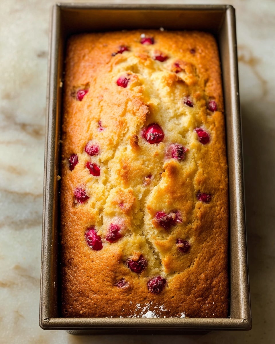 A golden-brown loaf cake with a cracked top showing a soft inside, filled with scattered red berries throughout, is baked in a rectangular metal pan sitting on a white marbled surface. The cake's texture looks moist and slightly fluffy, with the berries creating small bursts of red color inside and on the surface. The pan has a slightly worn look with light flour dust around the edges. photo taken with an iphone --ar 4:5 --v 7