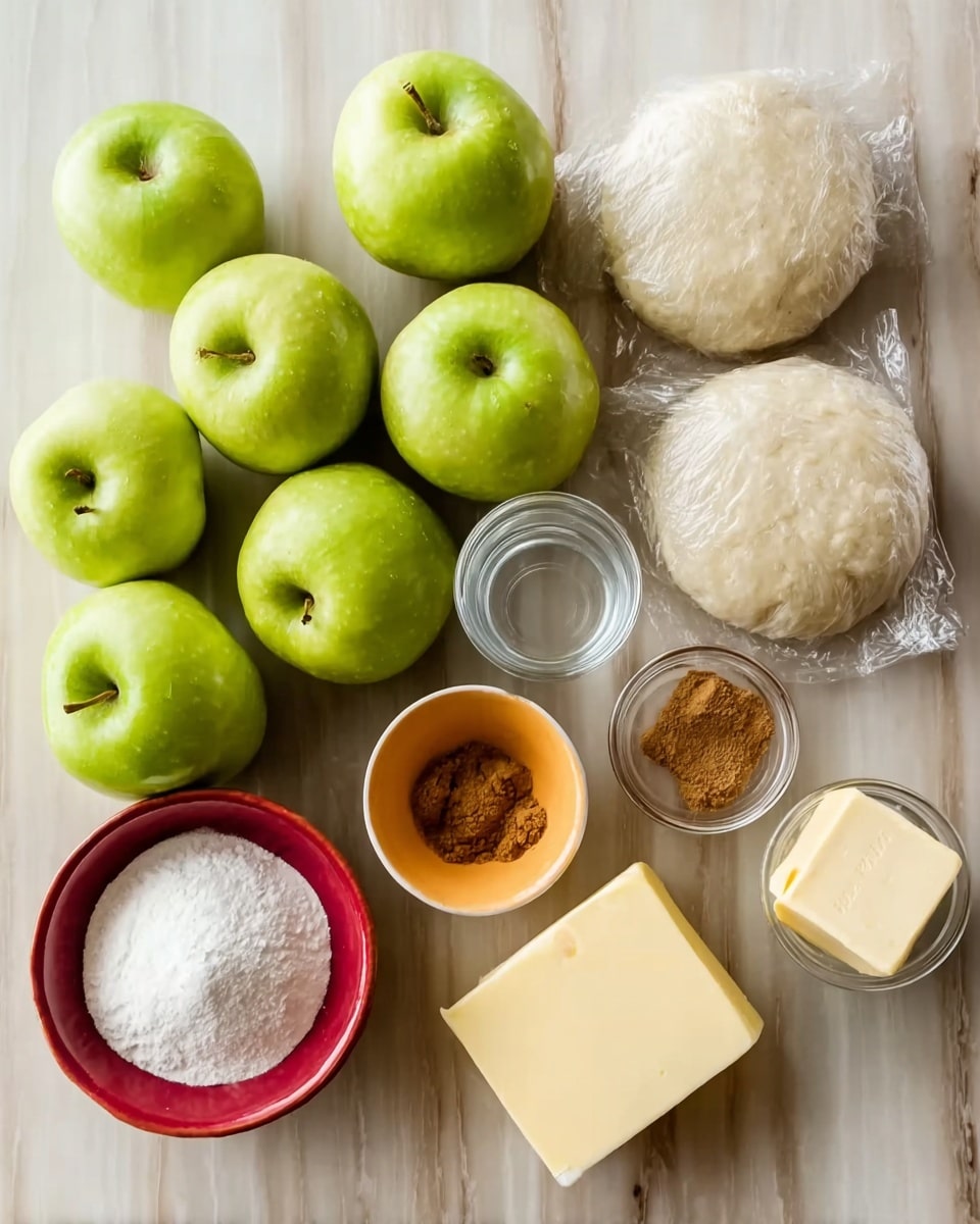 The image shows a collection of ingredients on a white marbled surface, ready for baking. There are eight green apples grouped together on the left side. Next to them, two round dough discs wrapped in clear plastic sit at the top right. Below the dough, four small bowls are arranged: a red bowl filled with white sugar, an orange bowl containing flour, a small glass of clear water, and a pale yellow bowl holding brown cinnamon powder. Near the yellow bowl, there is a square block of butter and a small recipe card. The overall setup is neat and colorful with a focus on natural tones. Photo taken with an iphone --ar 4:5 --v 7