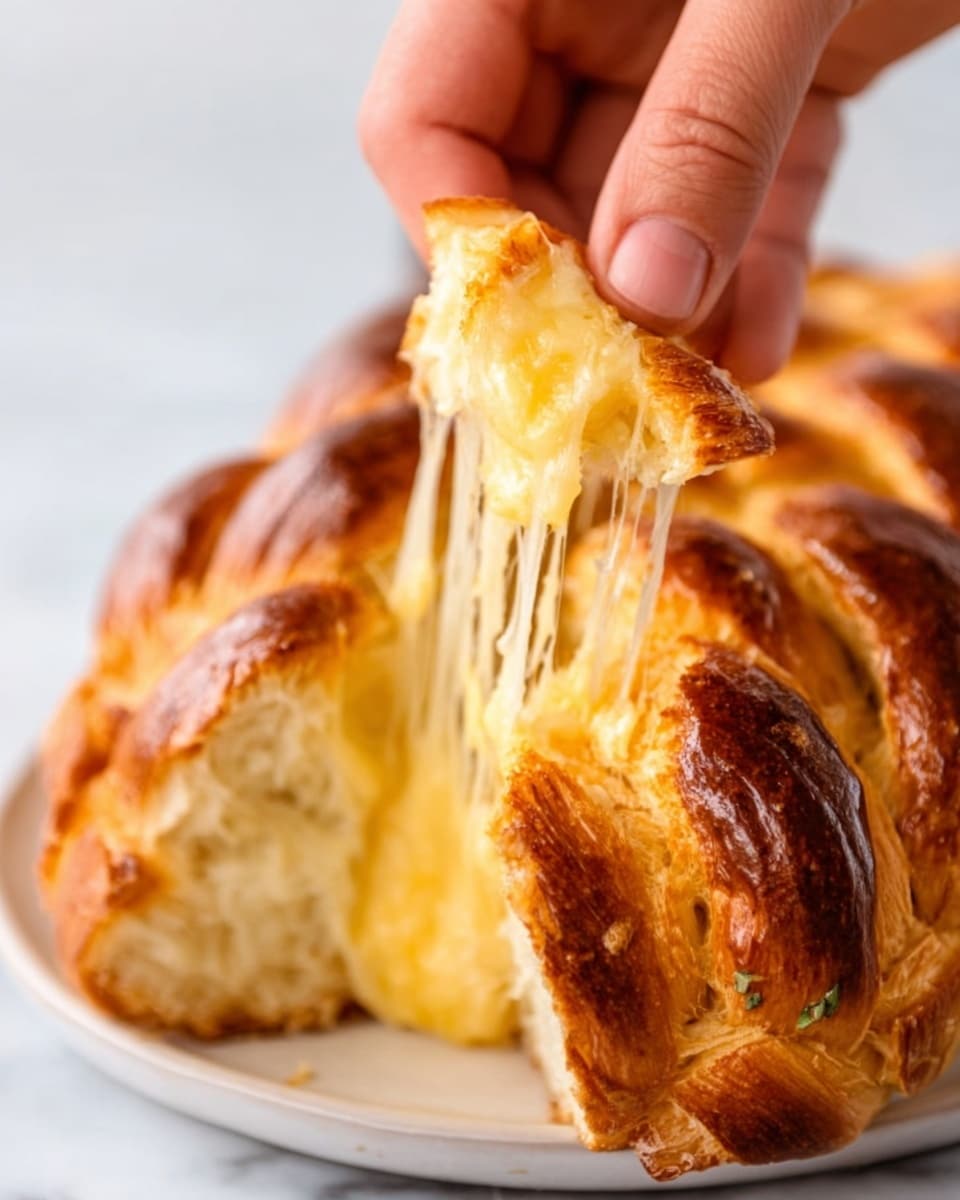 A close-up of a white plate with golden brown braided bread that is soft and fluffy inside. A woman's hand is pulling out a piece from the loaf, showing long melted cheese strings stretching from the bread. The bread has a shiny, slightly crispy crust with a textured pattern from the braid. The background is a white marbled surface. photo taken with an iphone --ar 4:5 --v 7
