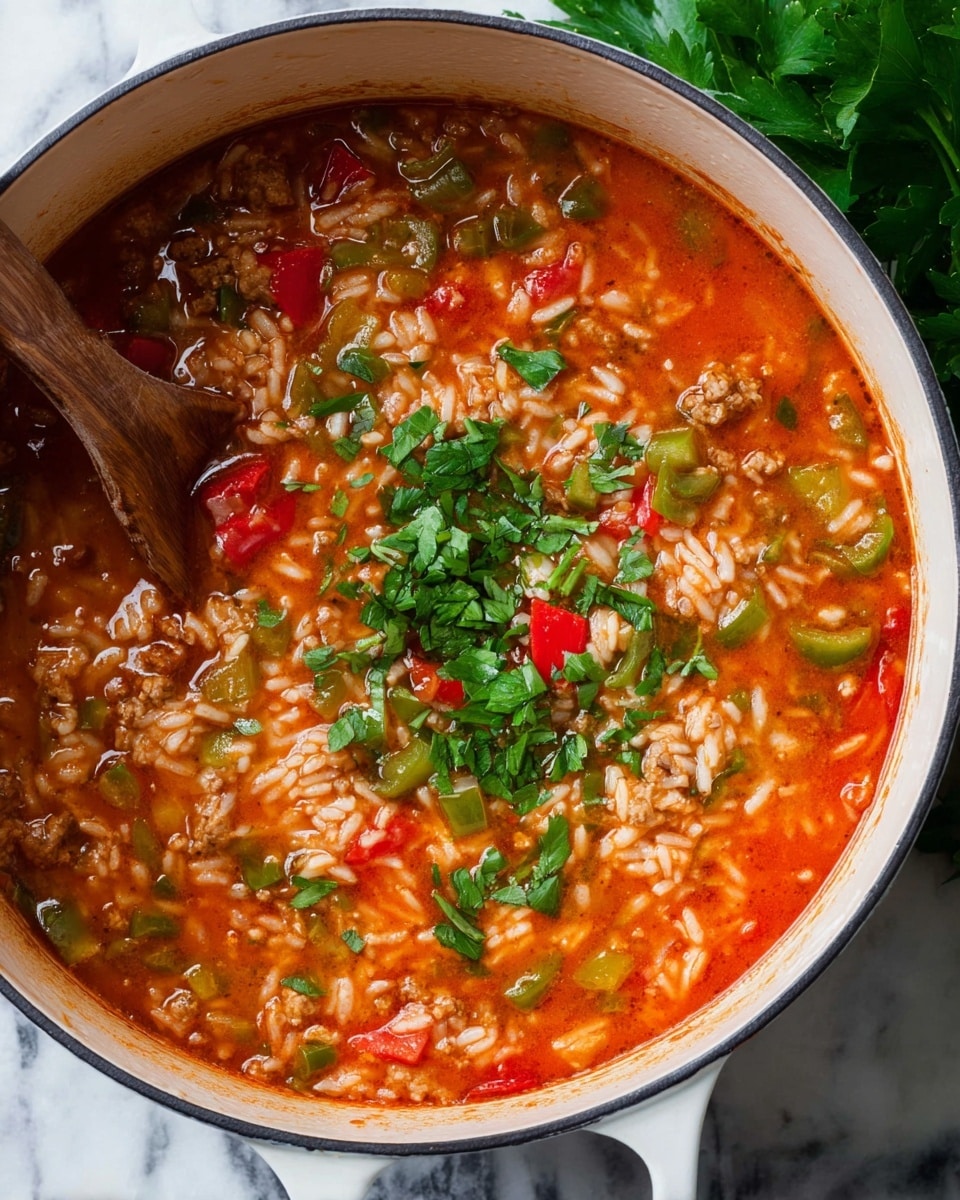 The image shows a white pot filled with a thick tomato rice soup with a mix of orange-red broth and white rice. It has small pieces of cooked brown meat, green and red bell pepper chunks, and diced tomatoes. The soup is topped with fresh green chopped herbs, likely cilantro or parsley. A wooden spoon is partially dipped on the left side stirring the soup. The pot is placed on a white marbled surface with green leaves visible at the top right corner. photo taken with an iphone --ar 4:5 --v 7