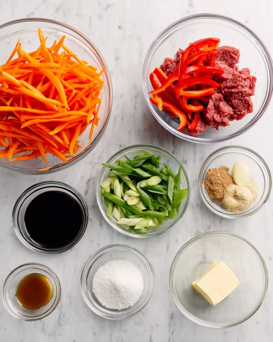 The image shows several clear glass bowls arranged on a white marbled surface, each containing different ingredients for cooking. There is a large bowl with orange carrot sticks and red bell pepper strips, a bowl with thin slices of raw red meat, and a bowl with green onion pieces. Smaller bowls hold dark brown sauce, light brown sugar, white powder (probably cornstarch), finely chopped ginger, minced garlic, clear liquid (likely vinegar or oil), and a small piece of butter. The ingredients are neat and colorful, all clearly visible from above, set against the clean white marbled background. photo taken with an iphone --ar 4:5 --v 7