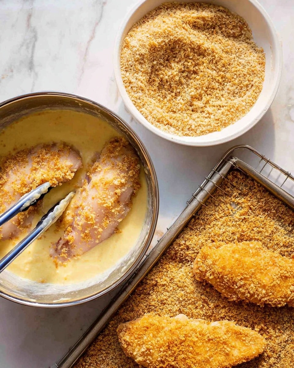 The image shows the process of making crispy breaded chicken. On the bottom left, there is a silver bowl with raw chicken pieces covered in a creamy yellow batter, and a pair of tongs holding one piece of chicken. On the top right, there is a white bowl filled with golden brown breadcrumbs, with one chicken piece coated in the crumbs resting on top. On the bottom right, a golden brown breaded chicken piece is placed on a wire rack over a baking tray. All items sit on a white marbled surface with soft natural light. Photo taken with an iphone --ar 4:5 --v 7