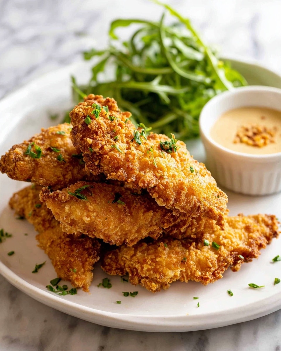 The image shows a white plate with four pieces of golden-brown crispy fried chicken tenders stacked together, their crunchy texture visible with some green herbs sprinkled on top. Behind the chicken, there is a small bunch of fresh green arugula leaves adding a pop of color. On the right side of the plate, a small white sauce dish holds a light beige creamy sauce with some breading bits on top. The plate is placed on a white marbled surface. photo taken with an iphone --ar 4:5 --v 7