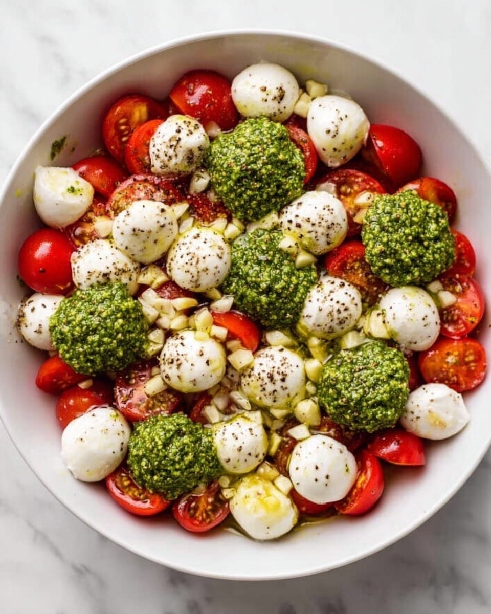 The image shows a white bowl filled with a colorful salad layered with bright red cherry tomato halves forming the base layer. On top, there are small white mozzarella balls scattered evenly, some sprinkled with black pepper and drizzled lightly with olive oil. There are also several dollops of vibrant green pesto placed evenly over the salad. Small pieces of chopped garlic are spread across the salad, adding texture and detail. The bowl is placed on a white marbled surface. photo taken with an iphone --ar 4:5 --v 7