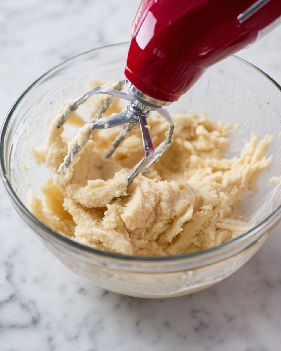 A clear glass bowl sits on a white marbled surface, filled with a pale yellow, thick dough mixture that is being mixed by a red electric hand mixer with metal beaters. The dough has a soft, slightly lumpy texture and clings to the beaters and sides of the bowl as it is being stirred. The focus is on the mixing action with the dough in the center and around the beaters. Photo taken with an iphone --ar 4:5 --v 7