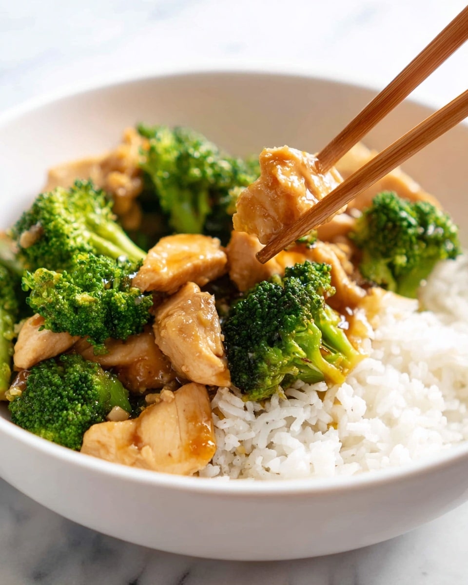 A white bowl filled with three main layers: the bottom layer is white steamed rice with soft, separated grains; the middle layer consists of bright green broccoli florets with a slightly rough texture; the top layer shows several pieces of light brown cooked chicken with a glossy sauce coating them, giving a shiny appearance. A pair of light brown wooden chopsticks is holding a piece of chicken above the bowl. The bowl is placed on a white marbled surface. photo taken with an iphone --ar 4:5 --v 7