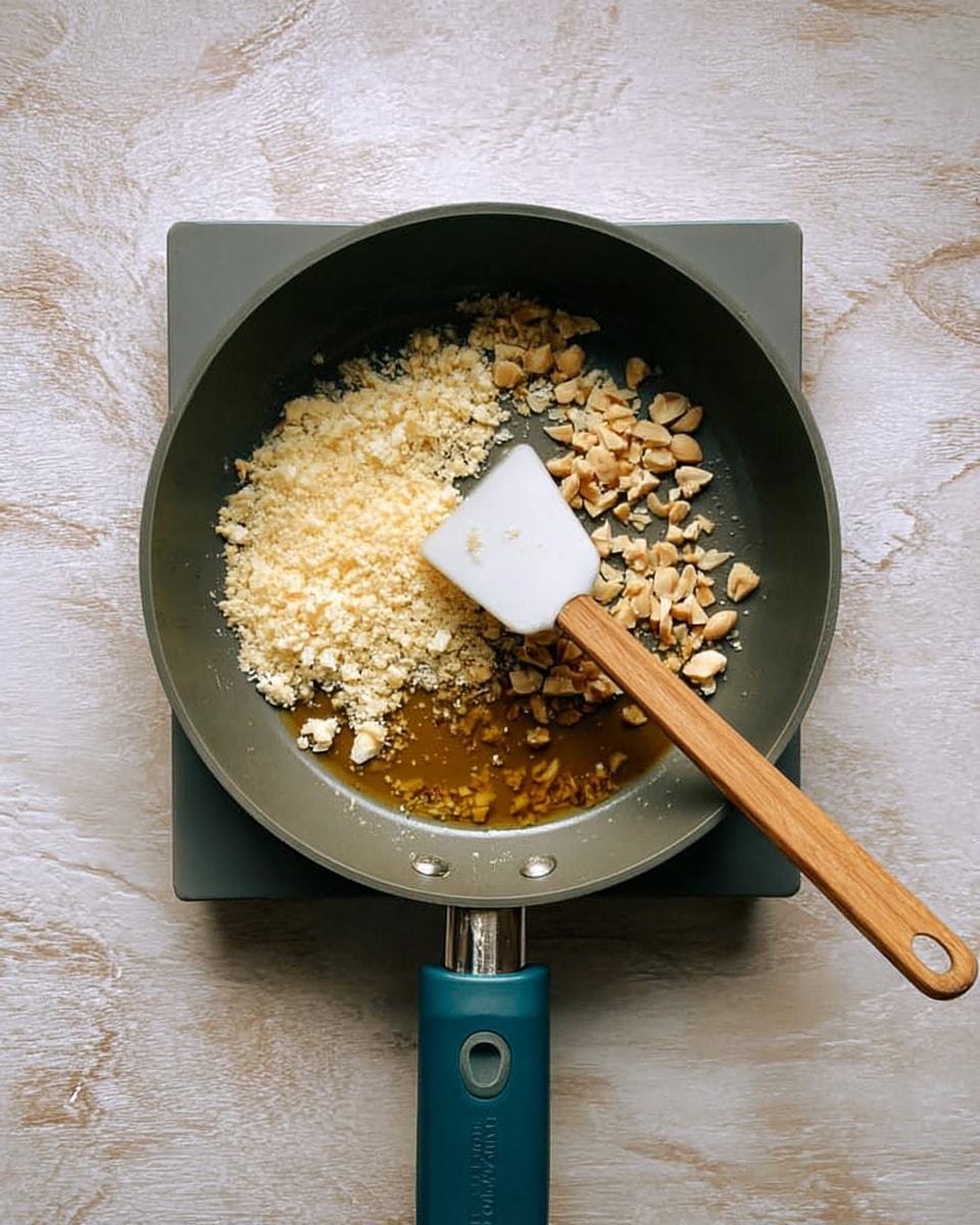 A dark grey pan with a teal handle sits on a white marbled surface. Inside the pan, there are three visible layers: the bottom layer is a shiny, golden liquid with small nuts, the middle layer consists of light beige crushed pieces scattered unevenly, and the top layer has a white spatula with a wooden handle resting on the crushed pieces, positioned diagonally from the bottom center to the right edge. photo taken with an iphone --ar 4:5 --v 7