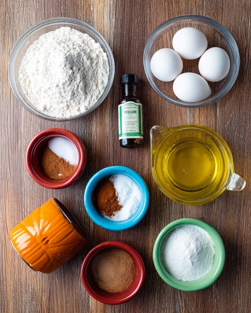 The image shows a top view of a wooden surface with nine baking ingredients arranged neatly. There is a glass bowl filled with white flour in the top left, next to a small dark vanilla extract bottle. In the top right, there is another glass bowl full of white sugar, with three white eggs lined up beside it. A glass measuring cup filled with yellow oil is at the bottom right. At the bottom left, there is an orange can of pumpkin. Between these, there are three small bowls: a red one with white salt, a blue one with brown cinnamon powder, and a green one with white baking soda. photo taken with an iphone --ar 4:5 --v 7