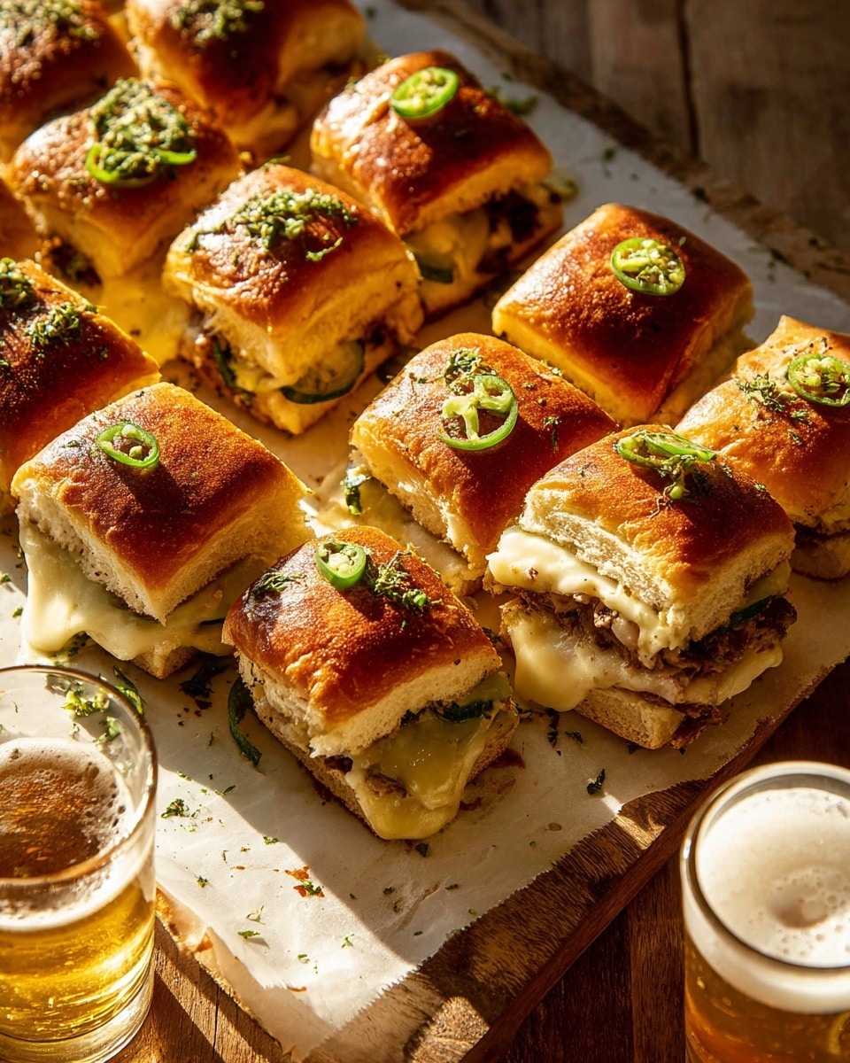 A close-up of a tray holding 16 small toasted sandwich squares arranged in four rows and columns on parchment paper over a rustic wooden surface replaced by a white marbled texture. Each sandwich shows three layers: a soft, shiny dark golden-brown bun top sprinkled with finely chopped green herbs and garlic, a middle melted cheese layer with melted light cream color oozing between slices, and a fluffy white bread bottom. Some sandwiches show thin green slices of jalapeño peppers and chopped spring onions on top adding fresh green color. A glass of golden beer with a white foam head sits partially visible on the right side of the tray. Sunlight casts bright, warm highlights and shadows across the scene, creating a cozy atmosphere. Photo taken with an iphone --ar 4:5 --v 7