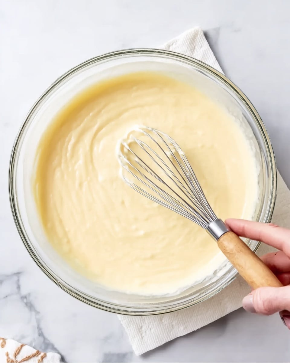 A clear glass bowl filled with smooth, creamy pale yellow batter sits on a white marbled surface. A silver whisk with a wooden handle is inside the bowl, resting against the batter, showing light texture and soft swirls on the surface. A woman's hand gently holds the bowl from the left side, with a hint of a paper towel under the bowl. The image is bright and clean. photo taken with an iphone --ar 4:5 --v 7