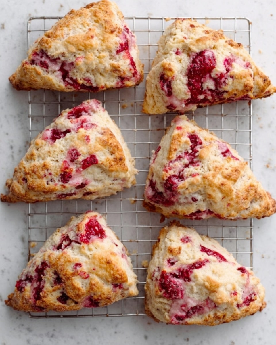 The image shows six triangular scones arranged on a white grid cooling rack over a white marbled surface. Each scone has a light golden brown crust with uneven rough edges. Swirls and patches of red fruit, likely raspberries or strawberries, are mixed throughout the scones, creating streaks of red and pink against the pale dough. Some scones have small cracks on top revealing the soft, textured inside. The overall look is rustic and homemade with a fresh-baked appearance. Photo taken with an iphone --ar 4:5 --v 7