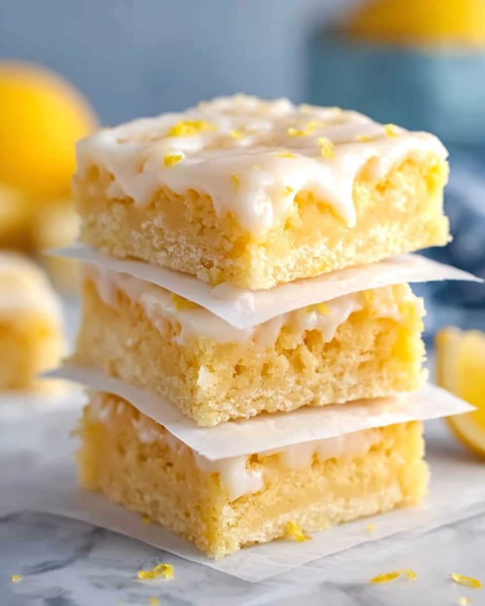 The image shows a stack of three square lemon bars separated by thin white parchment paper. Each bar has a light yellow crumbly base with a smooth, glossy white icing on top that gently drips down the sides. The texture of the bars looks soft and moist, with small lemon zest pieces visible on the icing. The stack is on a white marbled surface, and there are blurred blue and yellow objects in the background, suggesting a fresh lemon theme. Photo taken with an iphone --ar 4:5 --v 7