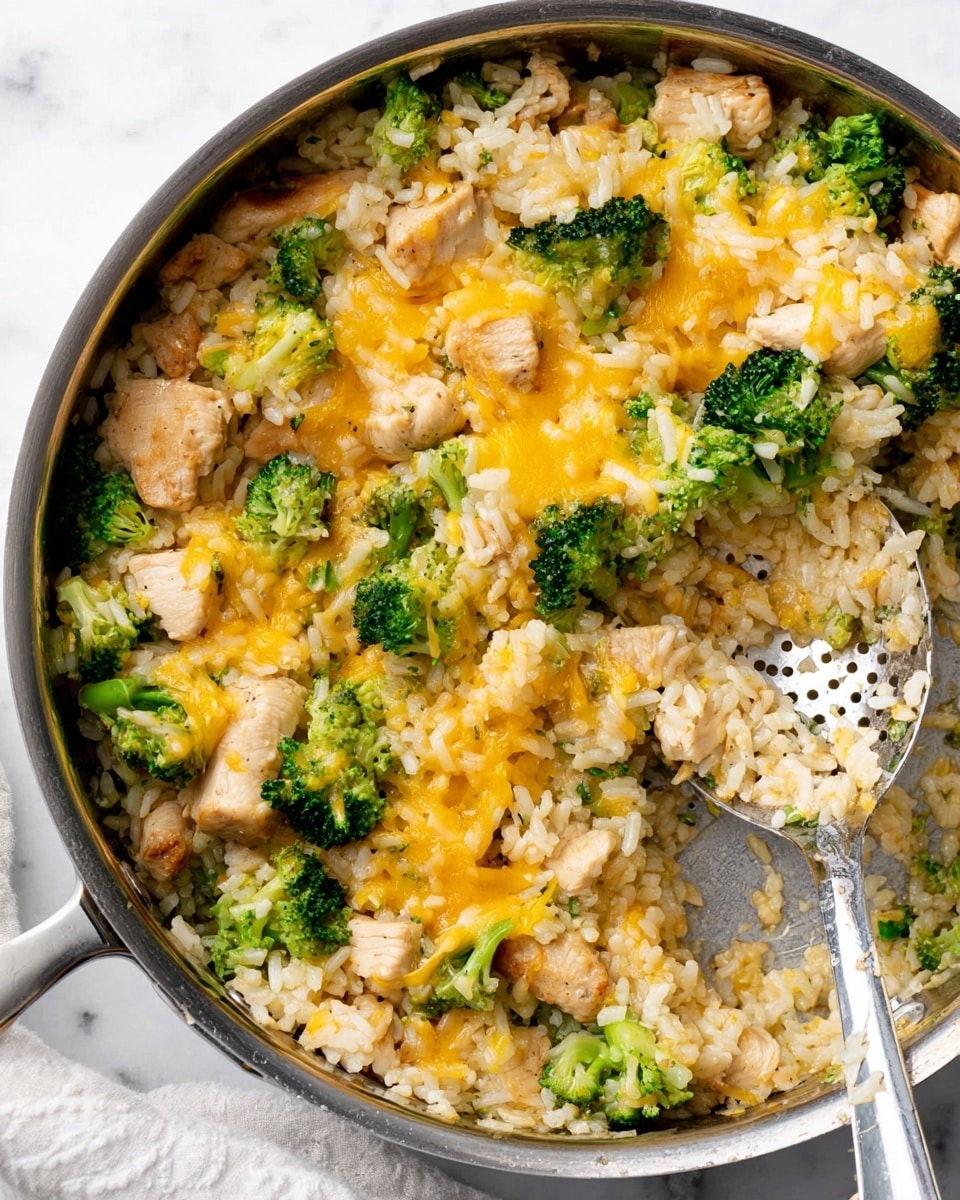 A close-up of a round stainless steel skillet filled with a cheesy rice dish that has three visible layers: a base of soft cooked white rice, scattered light brown chicken pieces mixed evenly with bright green broccoli florets across the middle, and melted yellow cheese covering the top with a slightly grainy texture. A silver slotted spoon rests inside the pan on the right with some rice scooped out showing the empty spot beneath. The background is a white marbled surface. Photo taken with an iphone --ar 4:5 --v 7