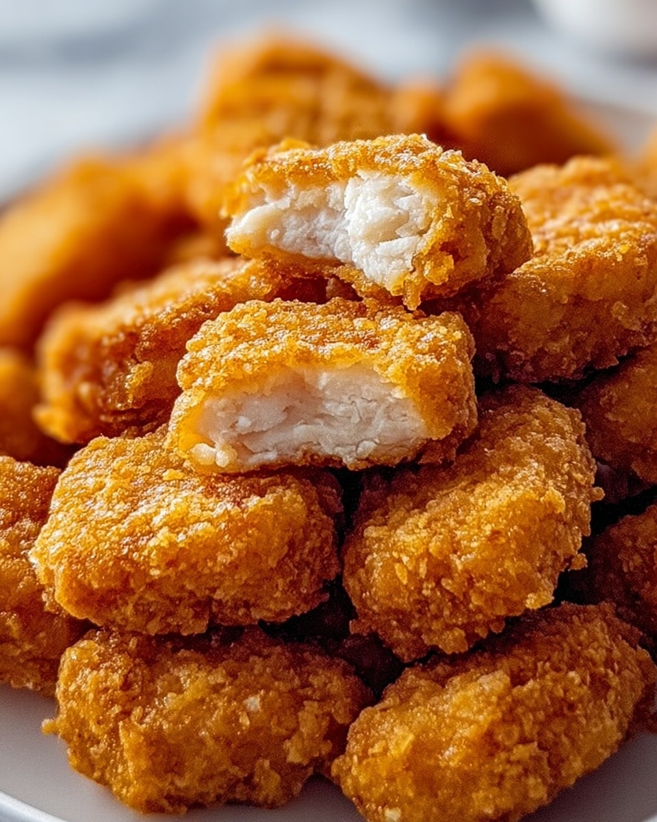 A close-up showing many small golden brown crispy nuggets stacked closely together, with one nugget in the center broken open revealing soft, white inside meat. The nuggets have a rough, crunchy texture on their surface with light brown crumb coating. They are placed on a white plate sitting on a white marbled surface. Photo taken with an iphone --ar 4:5 --v 7