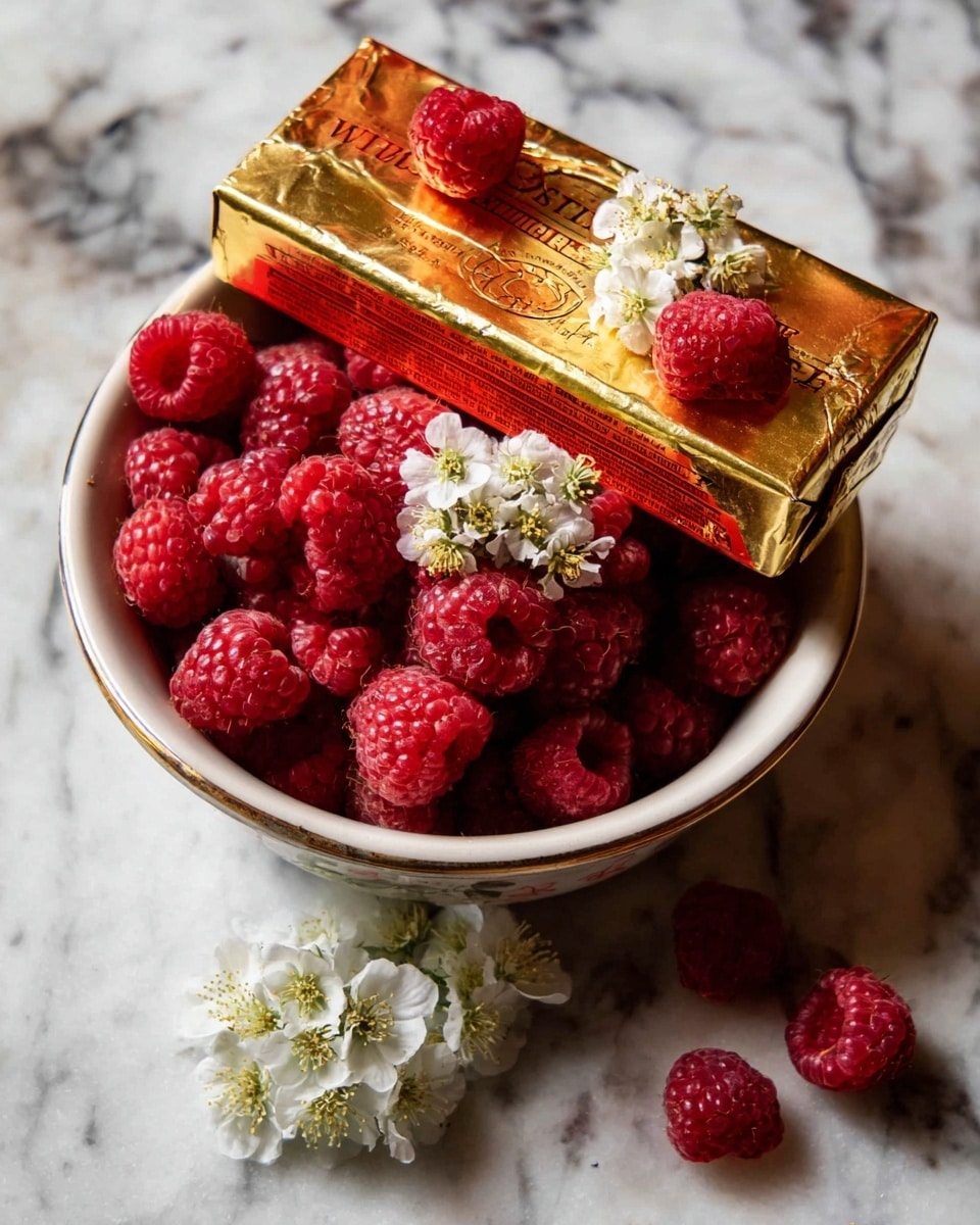 A white bowl filled with bright red raspberries layered with small white flowers on top and mixed inside, creating a fresh and colorful contrast. Resting on the rim of the bowl is a wrapped block of butter in gold and red foil, with a few white flowers placed on the foil. The bowl sits on a white marbled surface with a similar white flower lying next to the bowl. The overall look is warm and inviting with rich reds, bright whites, and golden yellow colors. photo taken with an iphone --ar 4:5 --v 7