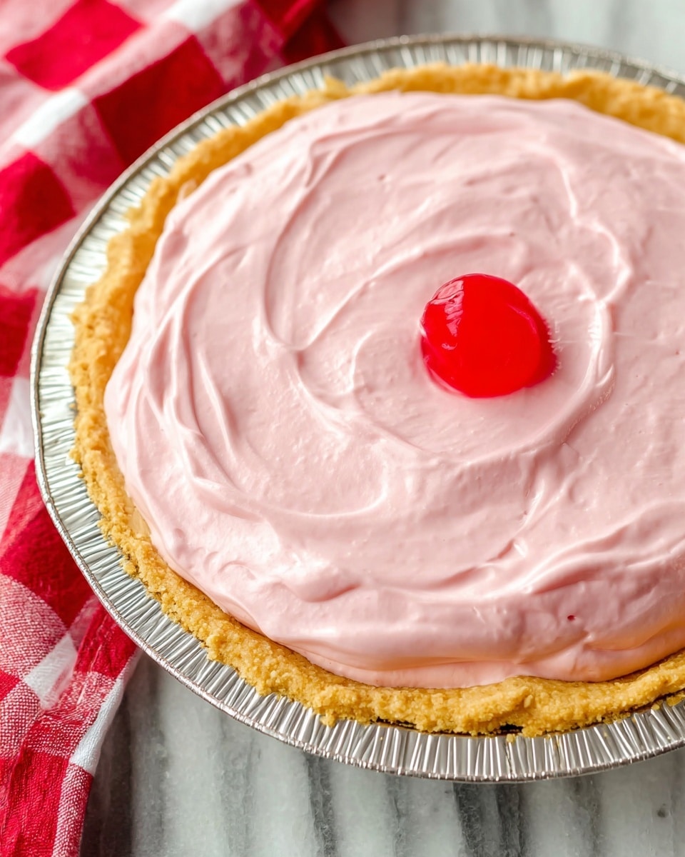 The image shows a pie with three visible layers. The bottom layer is a thick crumbly golden crust pressed into a shiny silver pie dish, with raised edges holding the filling. On top is a smooth, creamy layer of light pink filling, spread evenly across the crust with slight swirls and a soft texture. In the center of the pie’s top layer is a bright red, glossy cherry, adding a pop of color. The pie sits on a white marbled surface with a red and white checkered cloth partially visible in the background. photo taken with an iphone --ar 4:5 --v 7