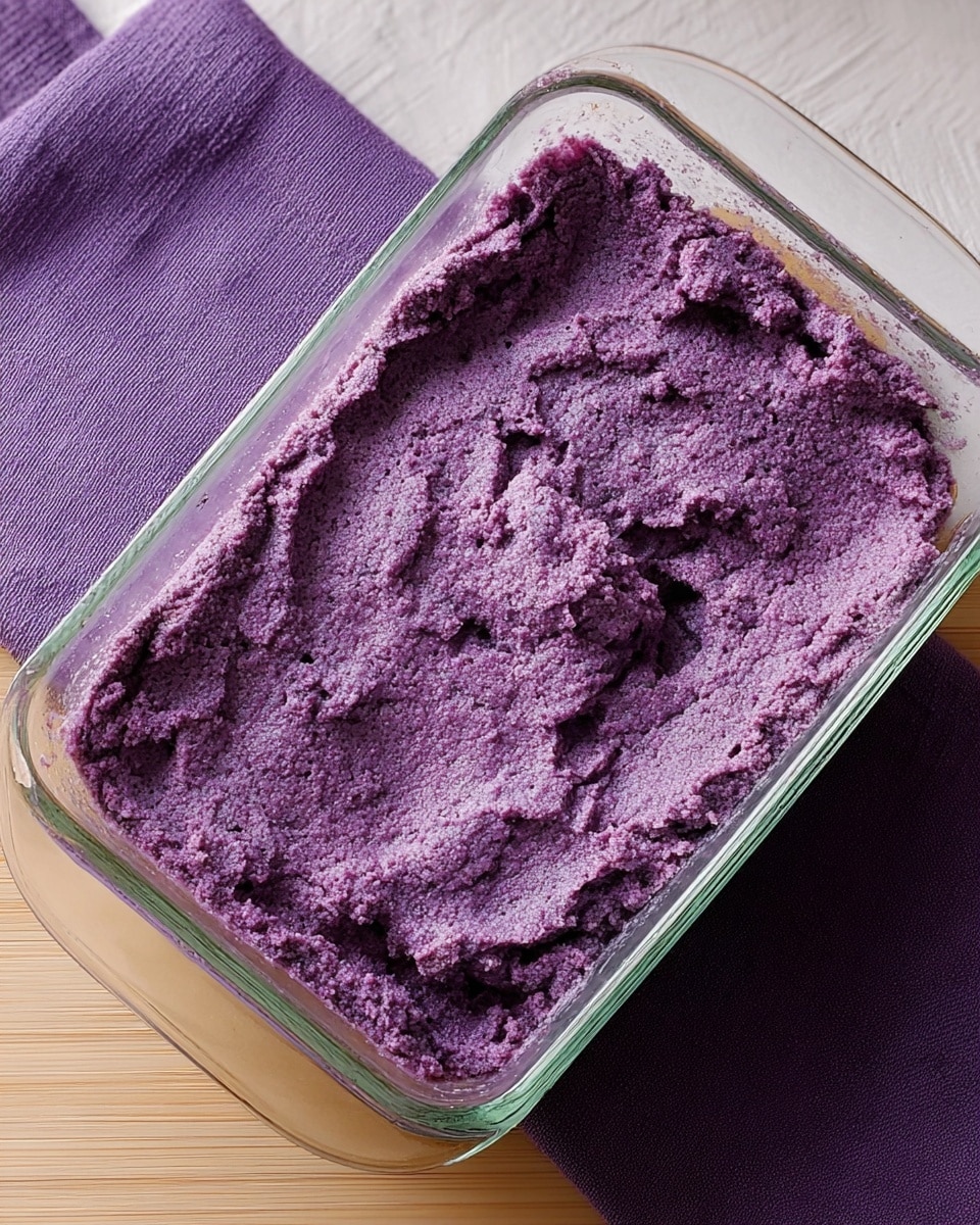 The image shows a glass rectangular baking dish filled with a single thick layer of textured purple mashed food, likely made from ube or purple yam. The surface is uneven and slightly rough with some visible small lumps and creases, giving it a natural and rustic look. The dish is placed on a light wooden surface next to a purple cloth, with a white marbled texture background. There are no other food items or decorations around. photo taken with an iphone --ar 4:5 --v 7