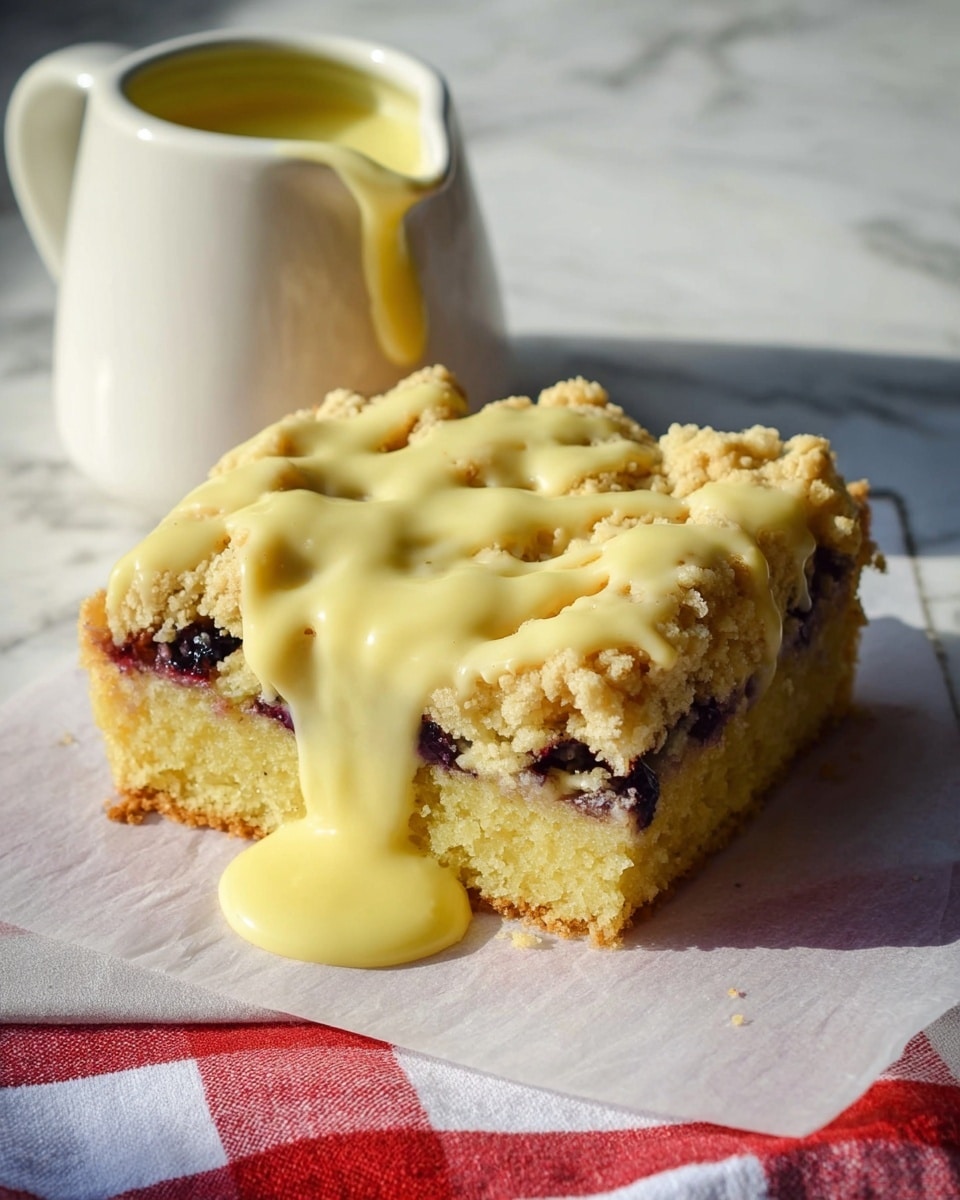 A square piece of crumb cake sits on white parchment paper on a white marbled surface, with a creamy yellow sauce thickly poured over the top and dripping down the sides. The cake has three visible layers: a light yellow dense base, a middle layer with bits of dark purple berries, and a crumbly golden top. Behind the cake, a small white ceramic pitcher also has the same yellow sauce flowing down its side. A red and white checkered cloth is partially visible at the bottom of the image. photo taken with an iphone --ar 4:5 --v 7