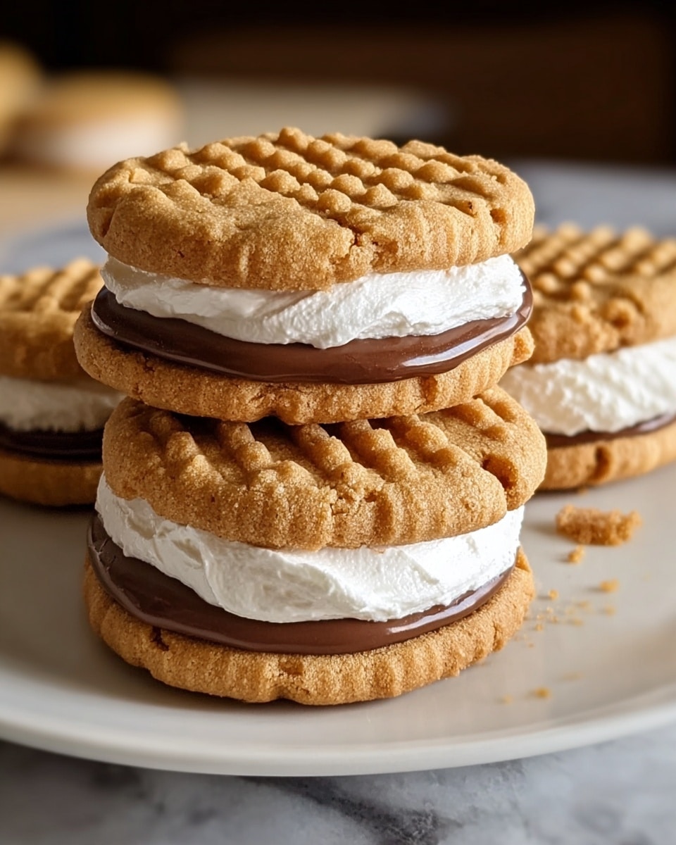 The image shows a close-up of a woman's hand holding a sandwich-style dessert made of two brown cookie layers with a creamy white filling in the middle. The top cookie has a slightly rough texture with small cracks. The creamy filling looks smooth and fluffy with bits of chocolate mixed in. In the soft-focused background, more of these cookie sandwiches are stacked on a white plate, all placed on a white marbled surface. The overall colors are warm brown and white, creating a cozy and inviting look. Photo taken with an iphone --ar 4:5 --v 7